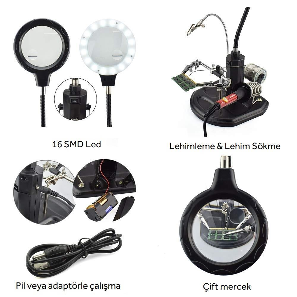 LED'li büyüteç lambaları, lehimleme istasyonu, pil ve adaptör.
