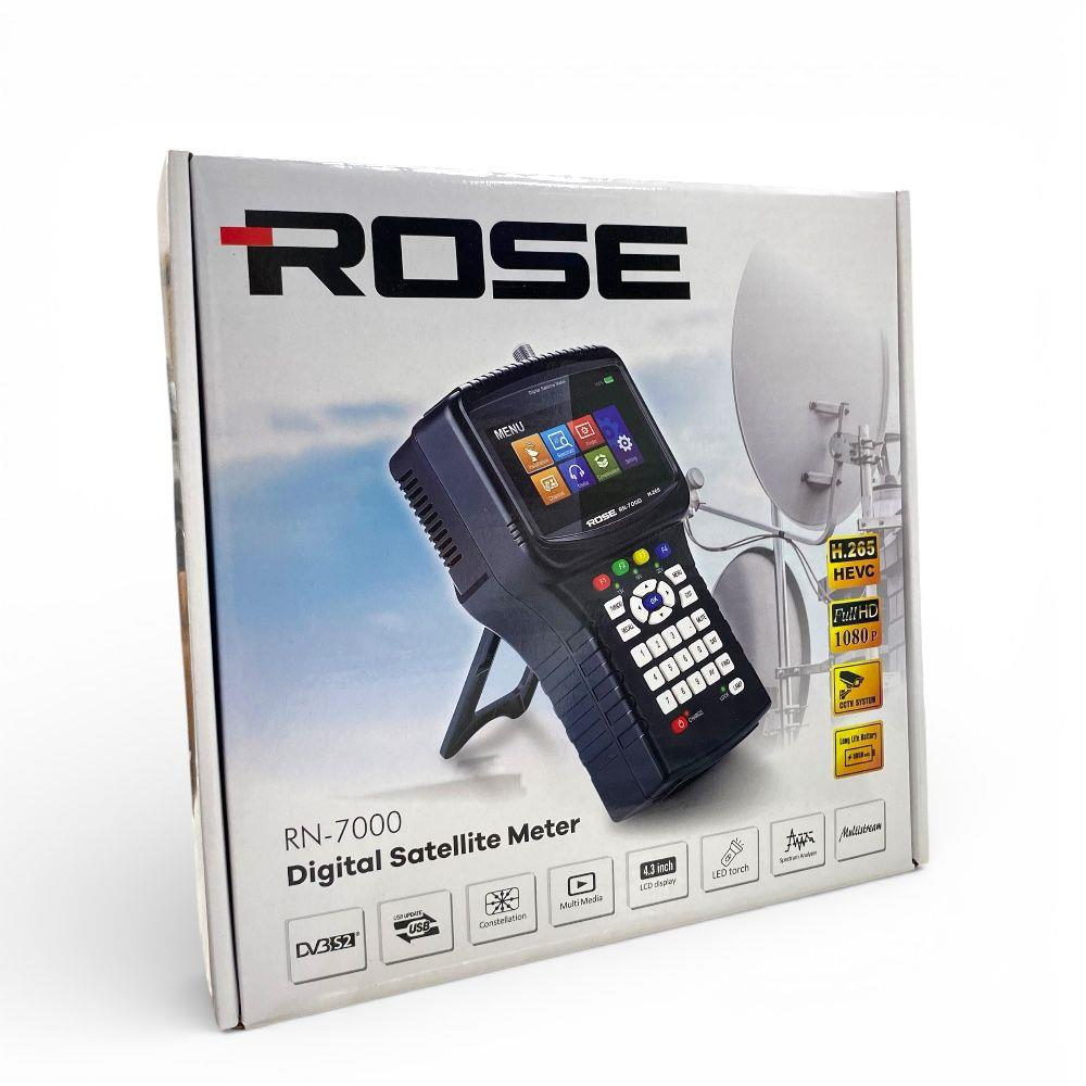 Rose RN-7000 dijital uydu ölçer kutusu, cihaz resmi, çanak anten ve özellikler.