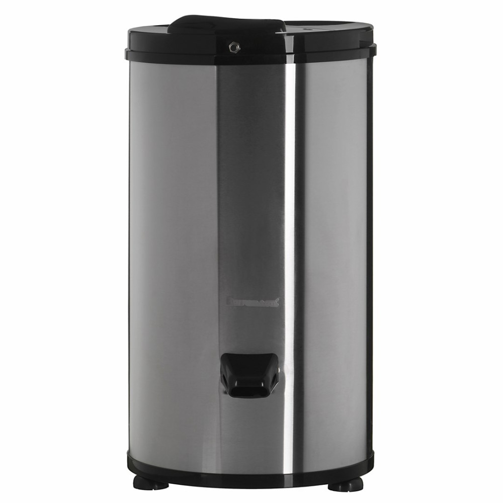 Srebrny bęben wirówki z czarną pokrywą i uchwytem.