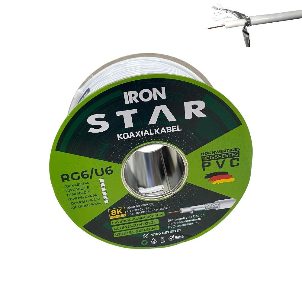 Iron Star RG6/U6 koaksiyel kablo makarasında. Yüksek kaliteli, yırtılmaya dayanıklı PVC.