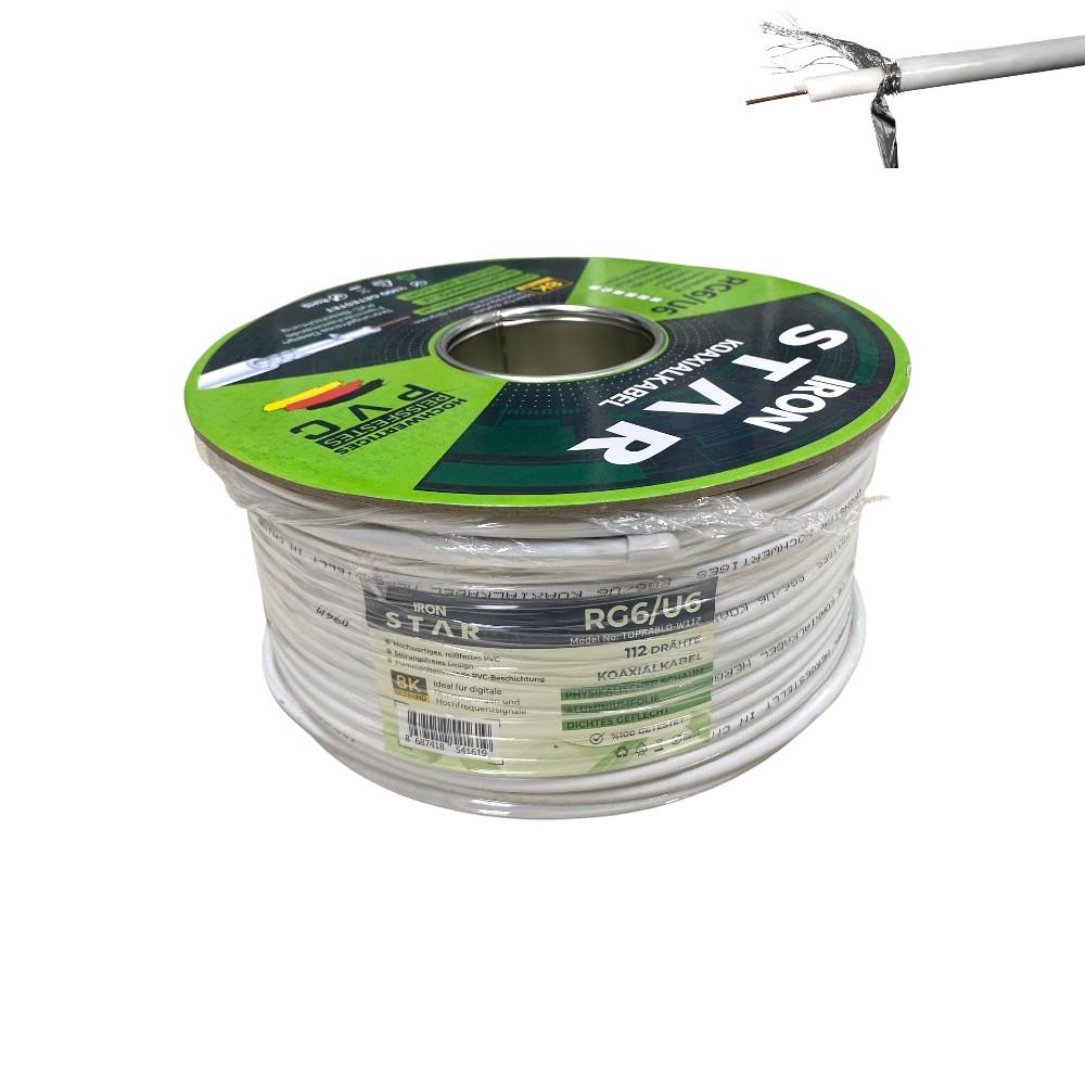 PVC kaplı beyaz RG6/U6 koaksiyel kablo rulosu, Iron Star marka.