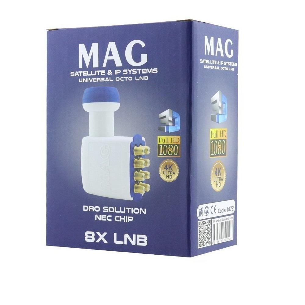 8 çıkışlı MAG Universal Octo LNB, Full HD ve 4K ambalajı.