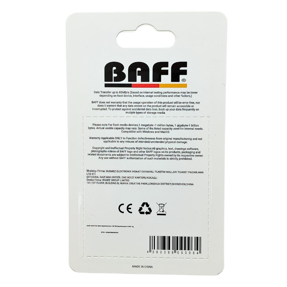 BAFF logosu, CE işareti, geri dönüşüm sembolü ve barkod içeren ambalaj.