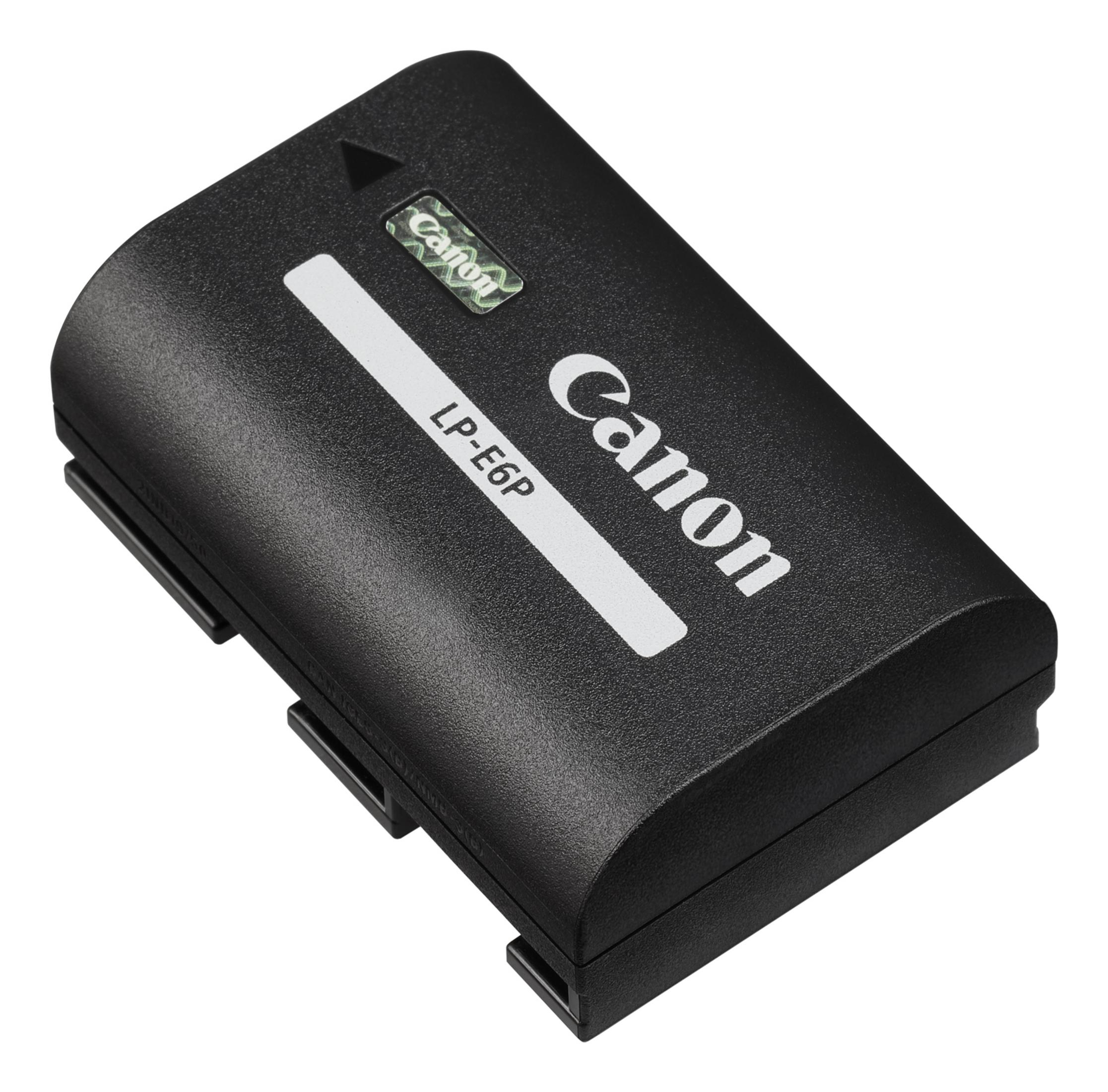 Schwarzer Canon LP-E6P Akku mit silbernem Streifen und Canon Logo.
