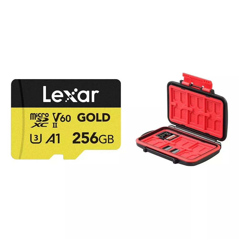 Lexar MicroSDXC 256GB Karte neben einer offenen schwarzen Speicherbox mit rotem Einsatz.