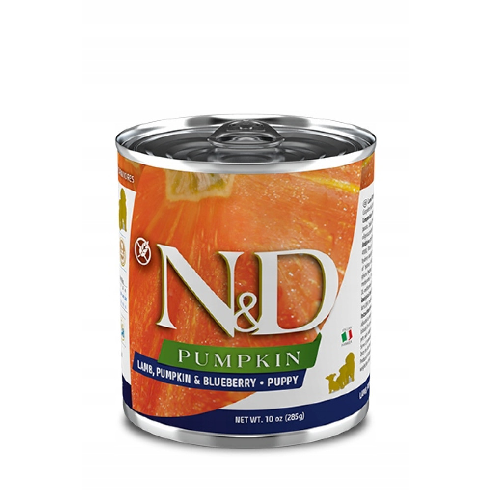 Puszka karmy dla szczeniąt N&D jagnięcina, dynia i jagoda.