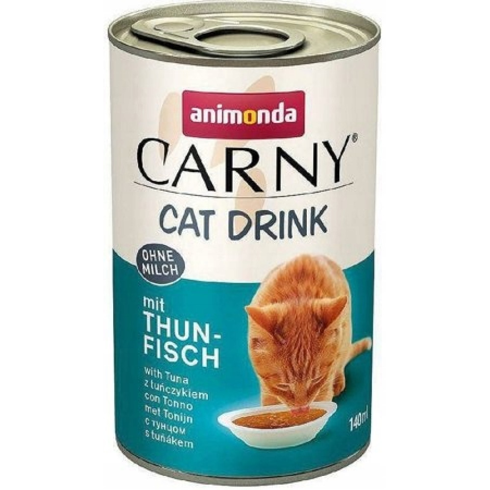Puszka Animonda Carny Cat Drink z tuńczykiem, bez mleka, z kotem.