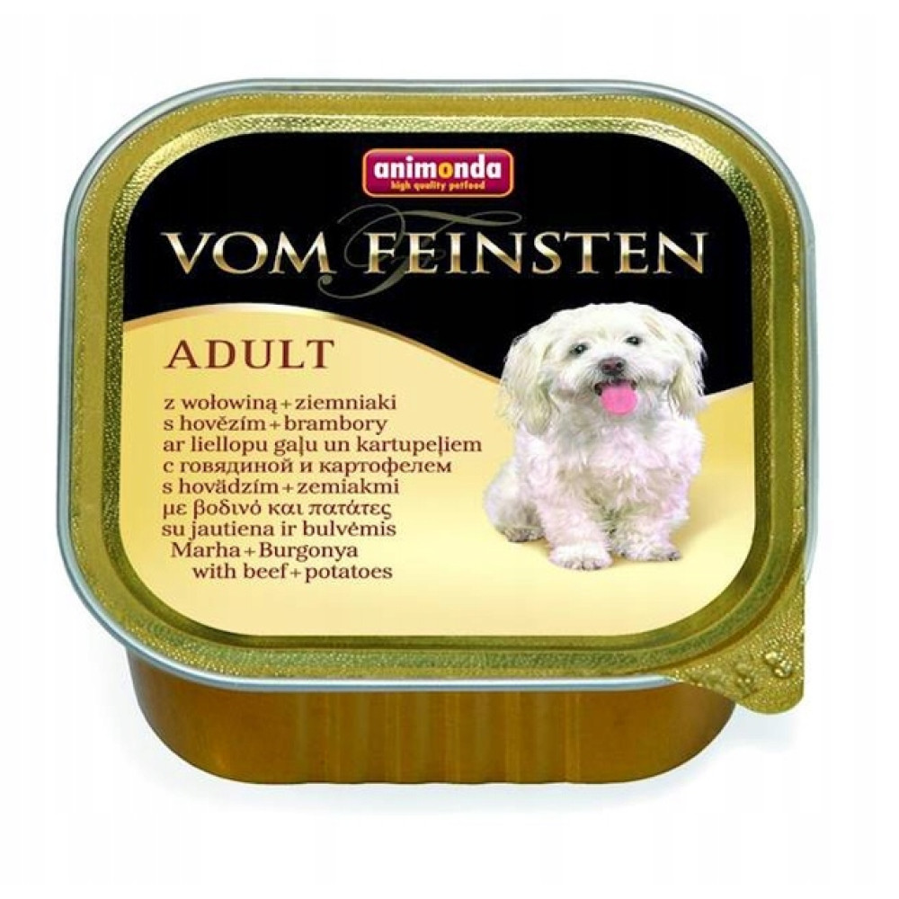 Puszka karmy dla psów z białym psem i tekstem. Składniki: wołowina i ziemniaki.