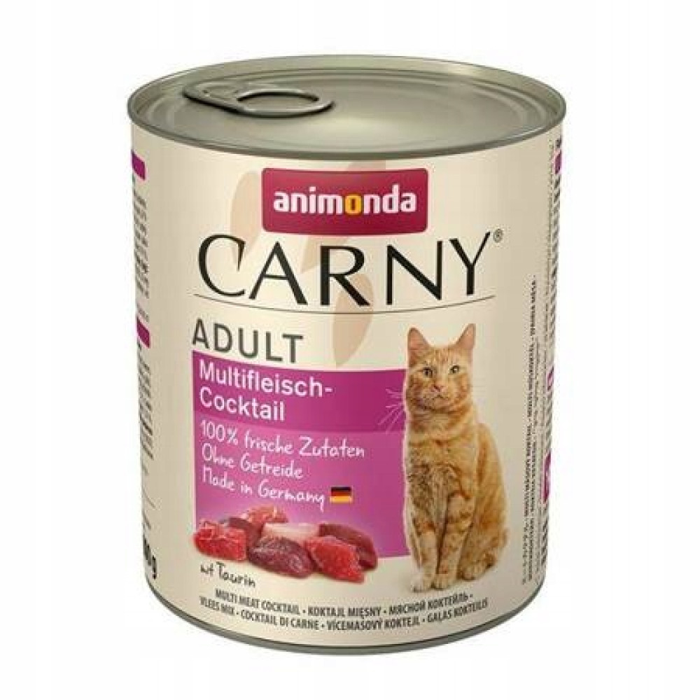 Puszka karmy dla kota Animonda Carny Adult z kawałkami mięsa i kotem.