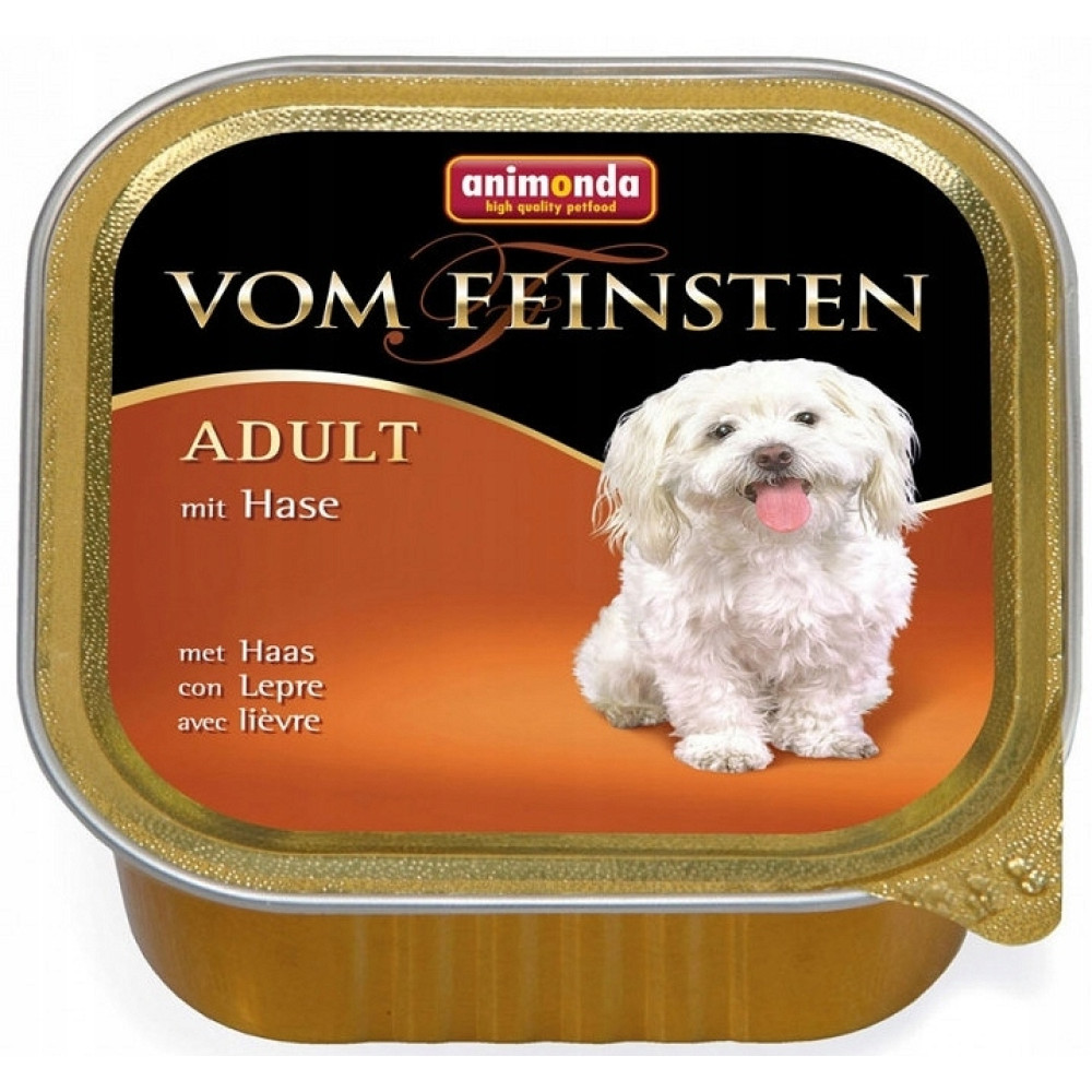 Puszka karmy dla psa z białym psem i napisem "VOM FEINSTEN".