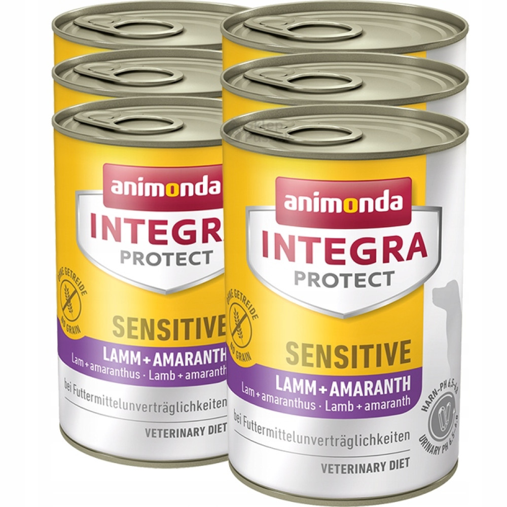 Cztery puszki karmy dla psów Animonda Integra Protect Sensitive Jagnięcina.