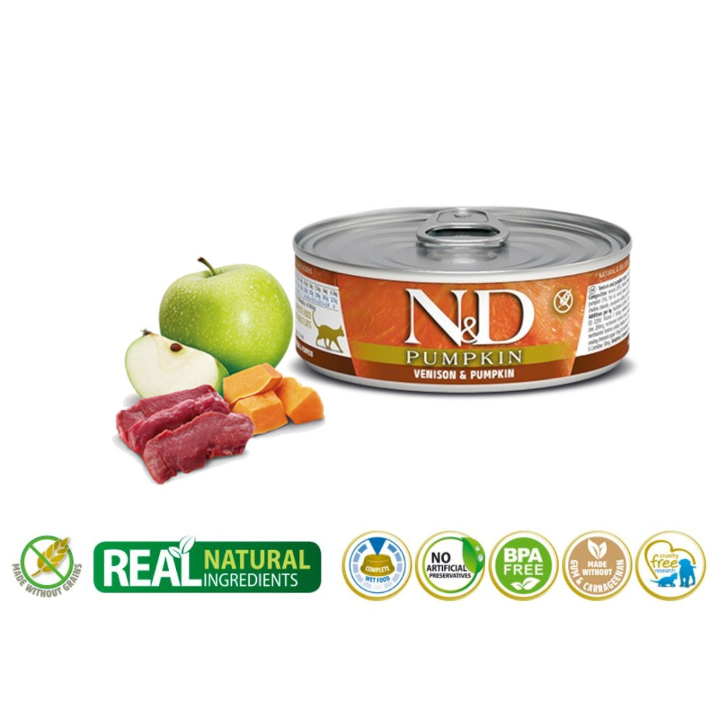 Puszka karmy dla psów z jabłkiem, kawałkami mięsa i dynią, otoczona ikonami.