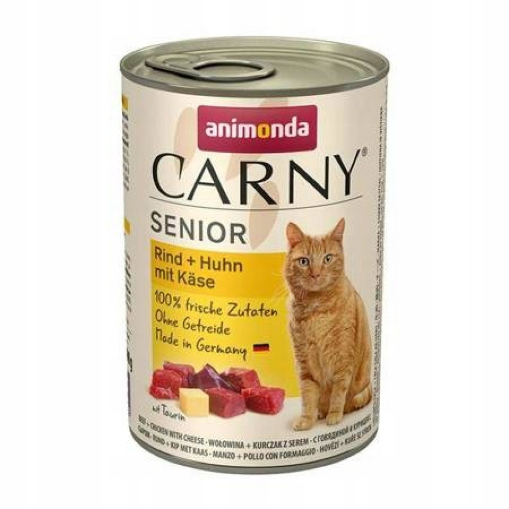 Puszka karmy dla kota Animonda Carny Senior z wołowiną, kurczakiem i serem.
