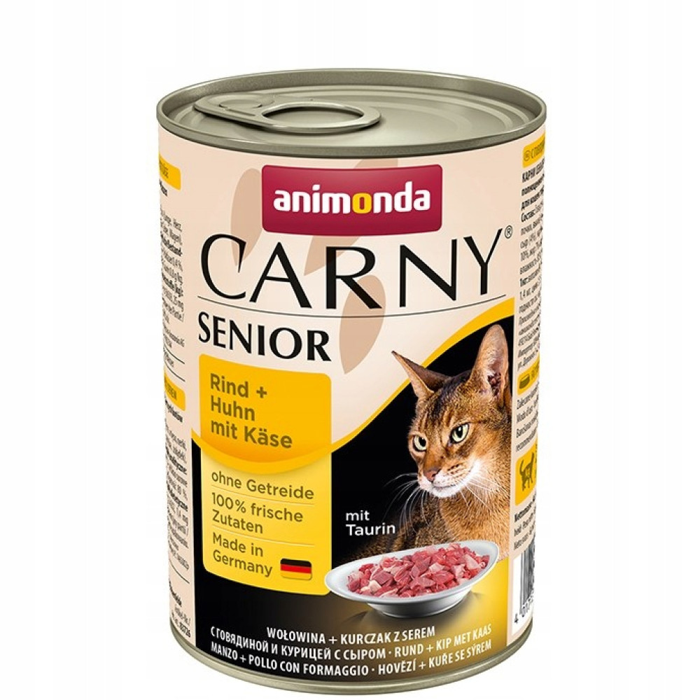 Puszka karmy dla kota Animonda Carny Senior z wołowiną, kurczakiem i serem.