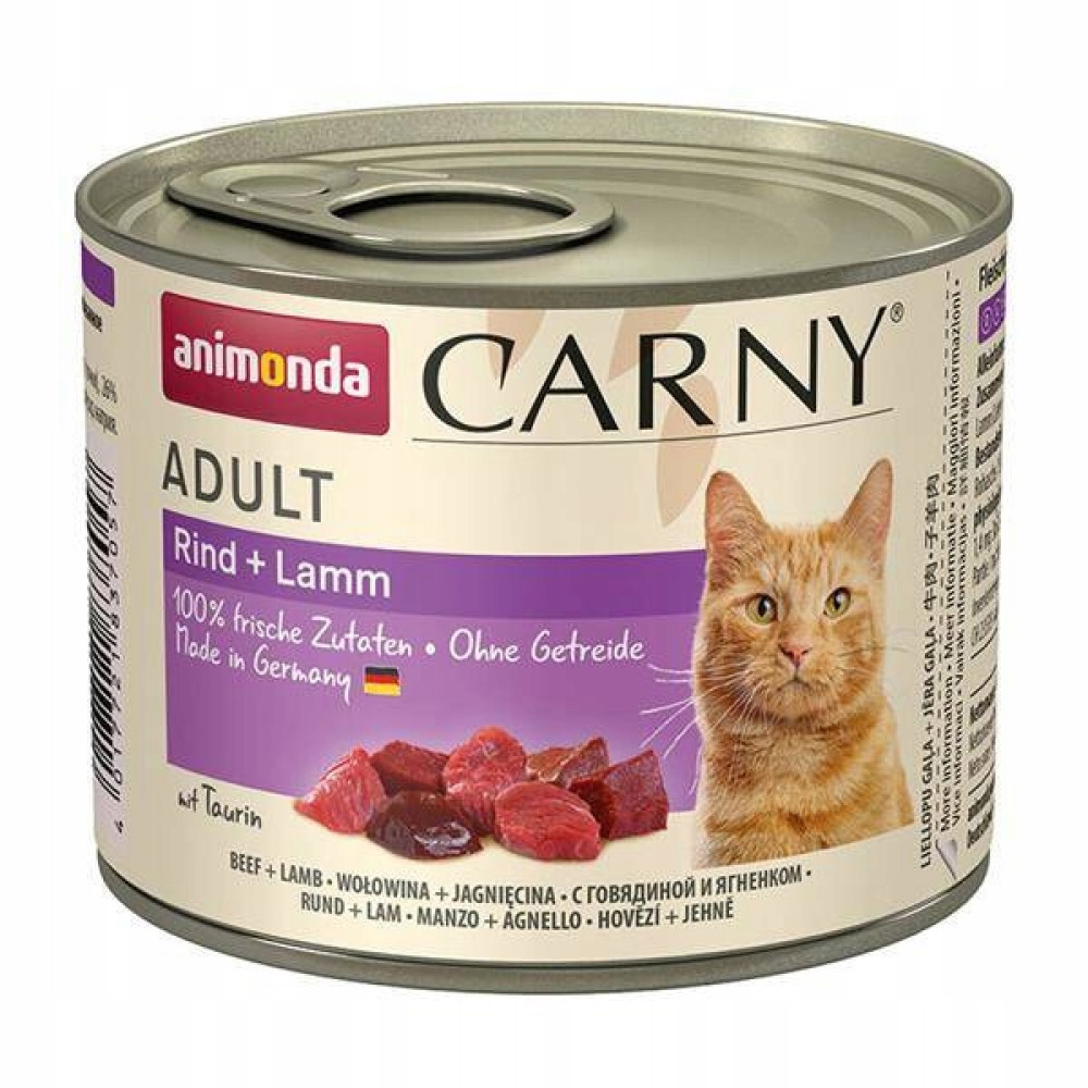 Puszka karmy dla kota Animonda Carny wołowina i jagnięcina, ozdobiona kawałkami mięsa i kotem.