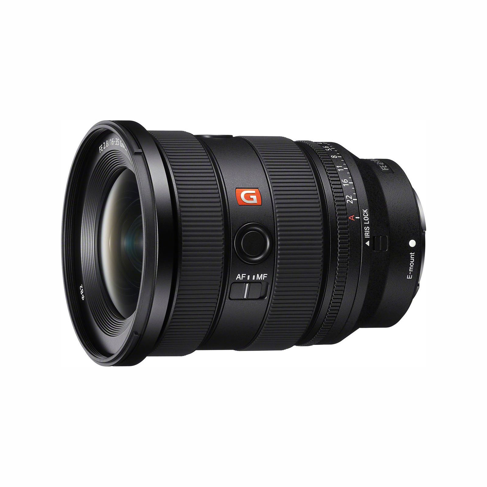 Een zwarte Sony cameralens met G-logo en scherpstelring.