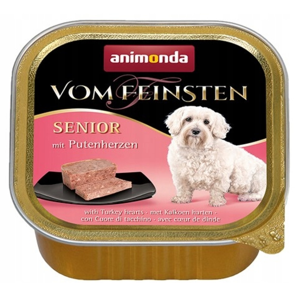 Karma dla psów Animonda: Senior z sercami indyka, z białym psem i pasztetem.