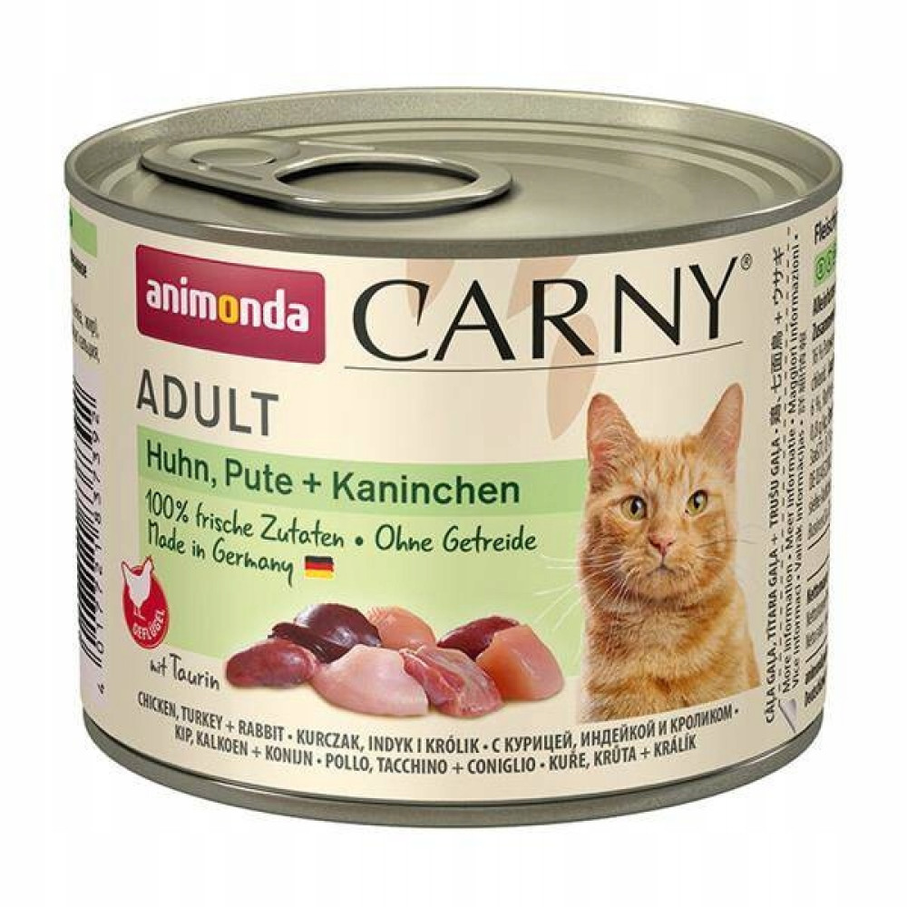 Puszka karmy dla kota Animonda Carny Adult z kurczakiem, indykiem i królikiem.