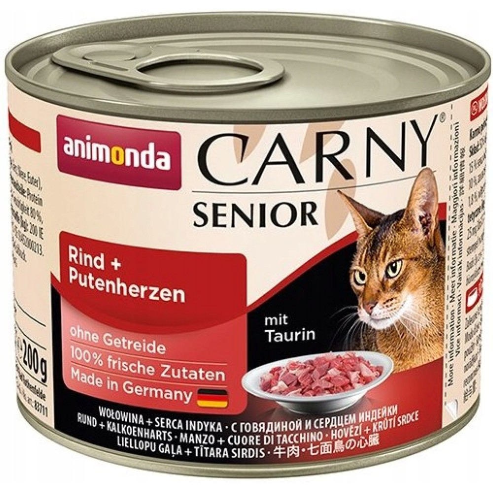 Puszka karmy dla kota Animonda Carny Senior z wołowiną i sercami indyka.