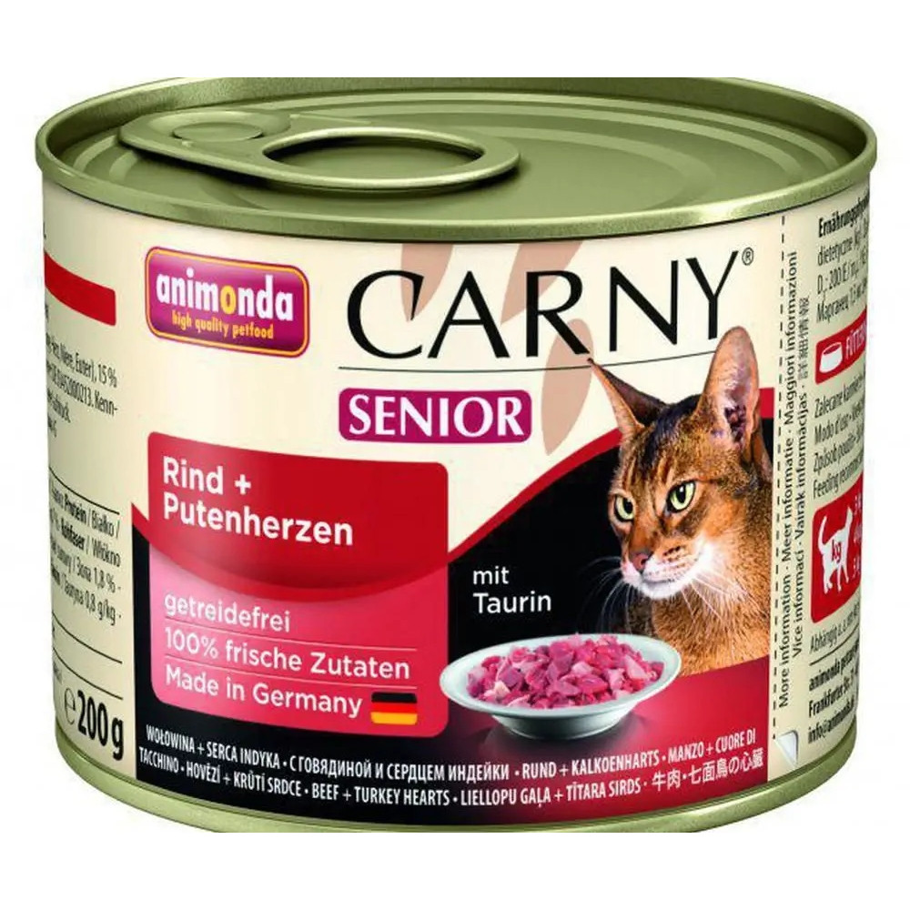Puszka karmy dla kota Animonda Carny Senior z wołowiną i sercami indyka.
