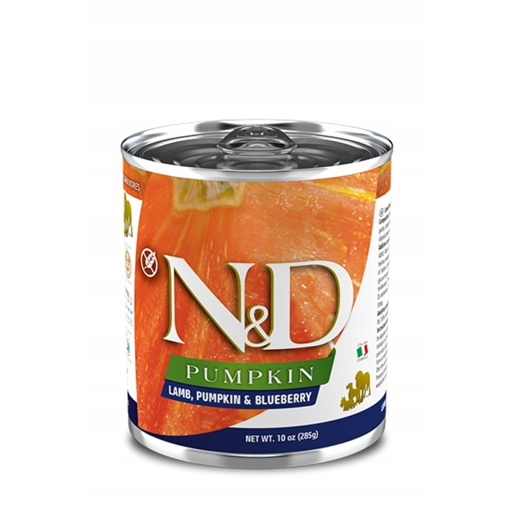 Puszka karmy dla psów N&D z dynią, jagnięciną, dynią i jagodami.