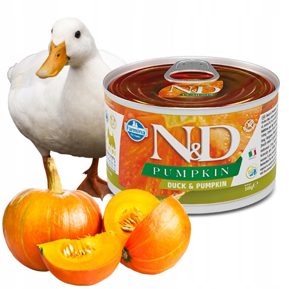 Biała kaczka obok puszki karmy dla zwierząt z kaczką i dynią.