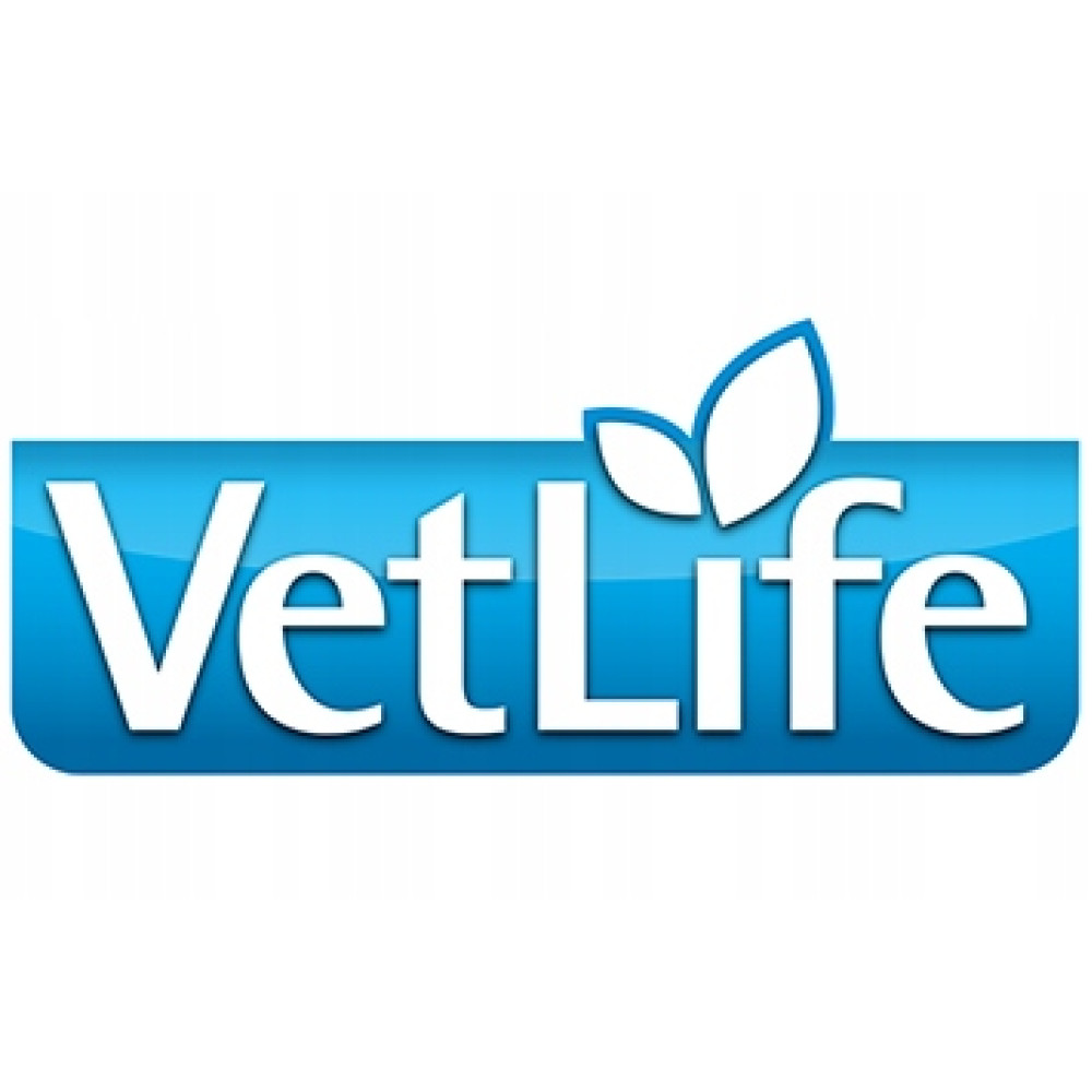 Logo VetLife na niebieskim tle z białymi liśćmi.