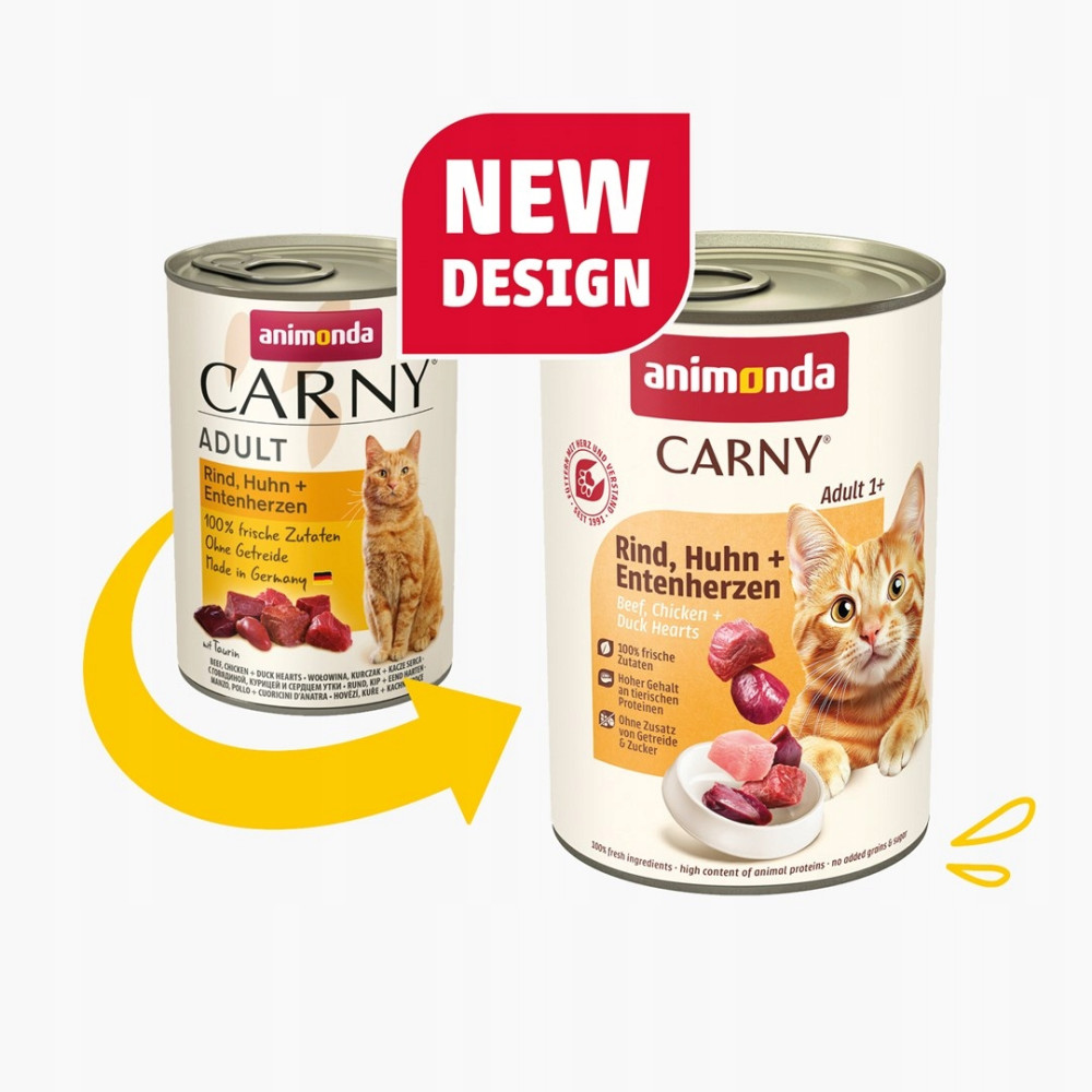 Dwie puszki karmy dla kotów Animonda Carny z czerwonym napisem "New Design".