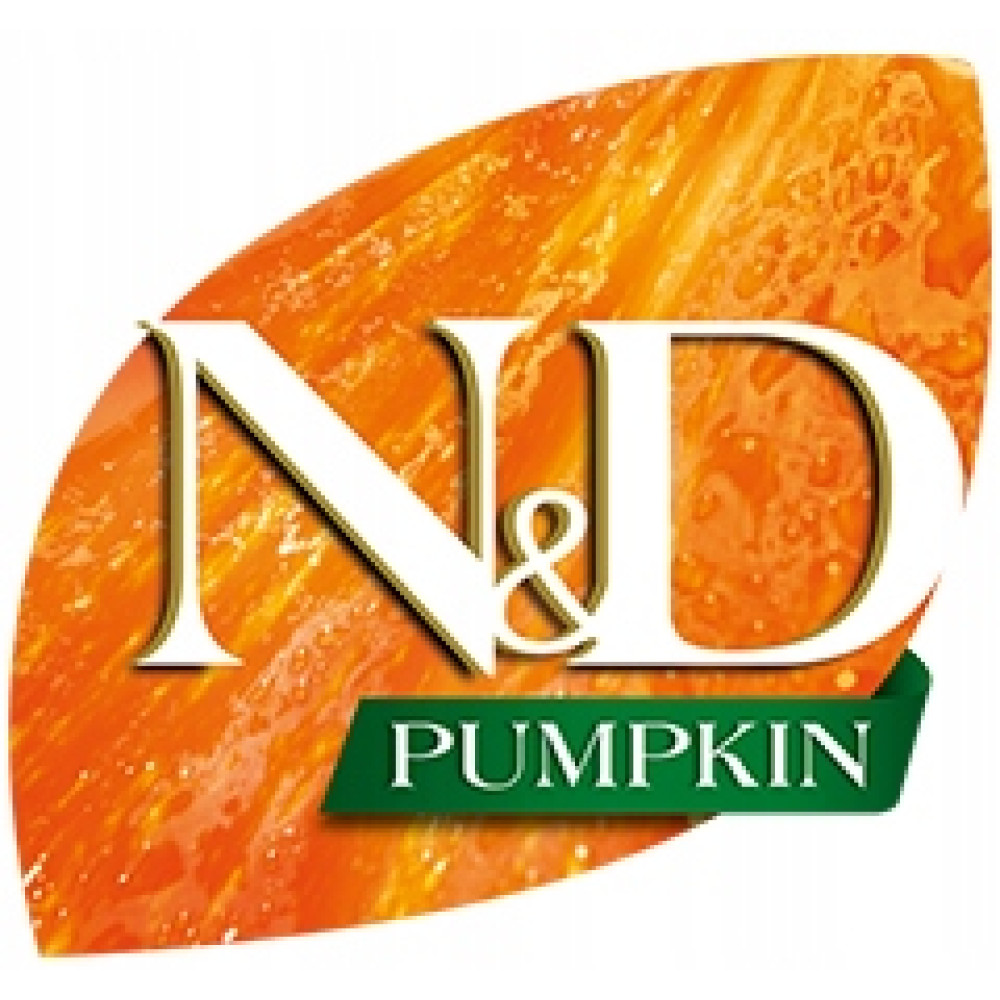 Logo z białym napisem N&D na pomarańczowym tle, pod nim zielona wstążka PUMPKIN.