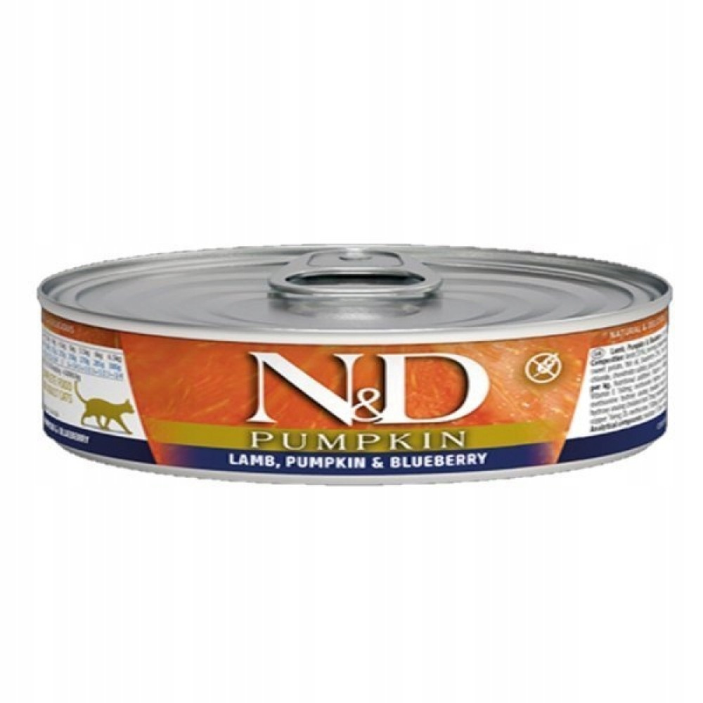 Puszka karmy dla kota z jagnięciną, dynią i jagodami.