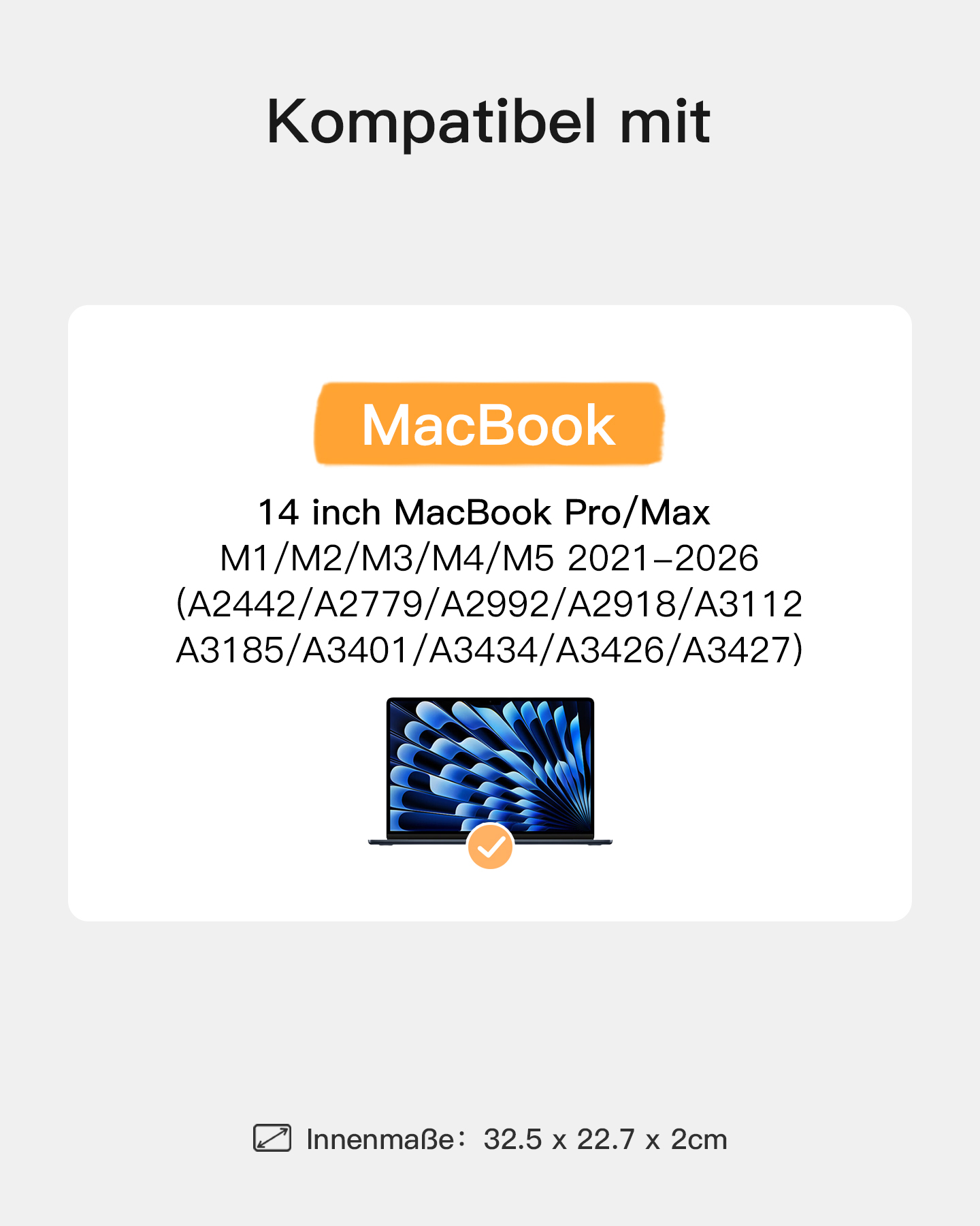Kompatibel mit MacBook 14 Zoll Pro/Max, M1-M5 (2021-2026). Innenmaße 32.5x22.7x2cm.