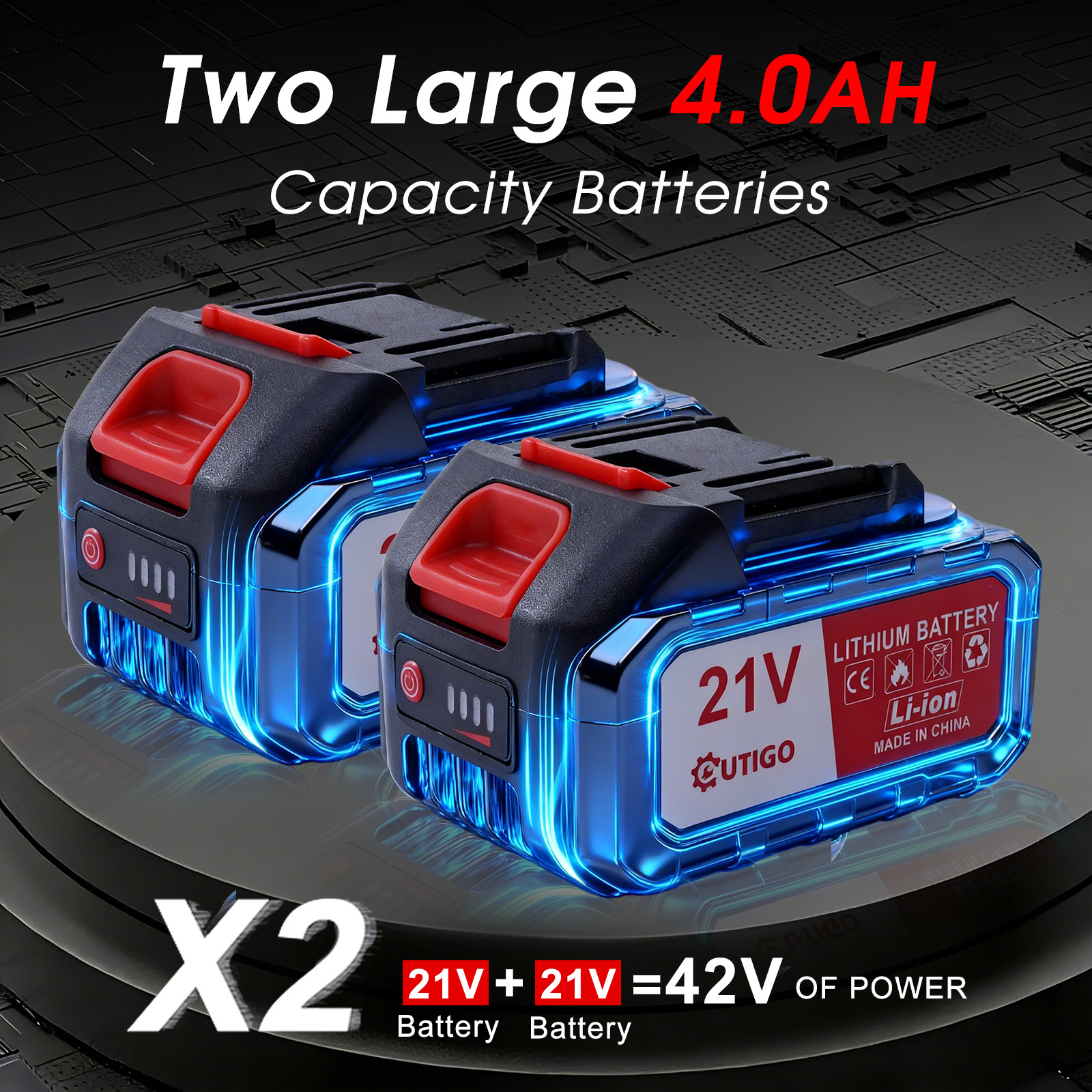 Dwie baterie litowo-jonowe 4.0AH z niebieskimi światłami i czerwonymi przyciskami.