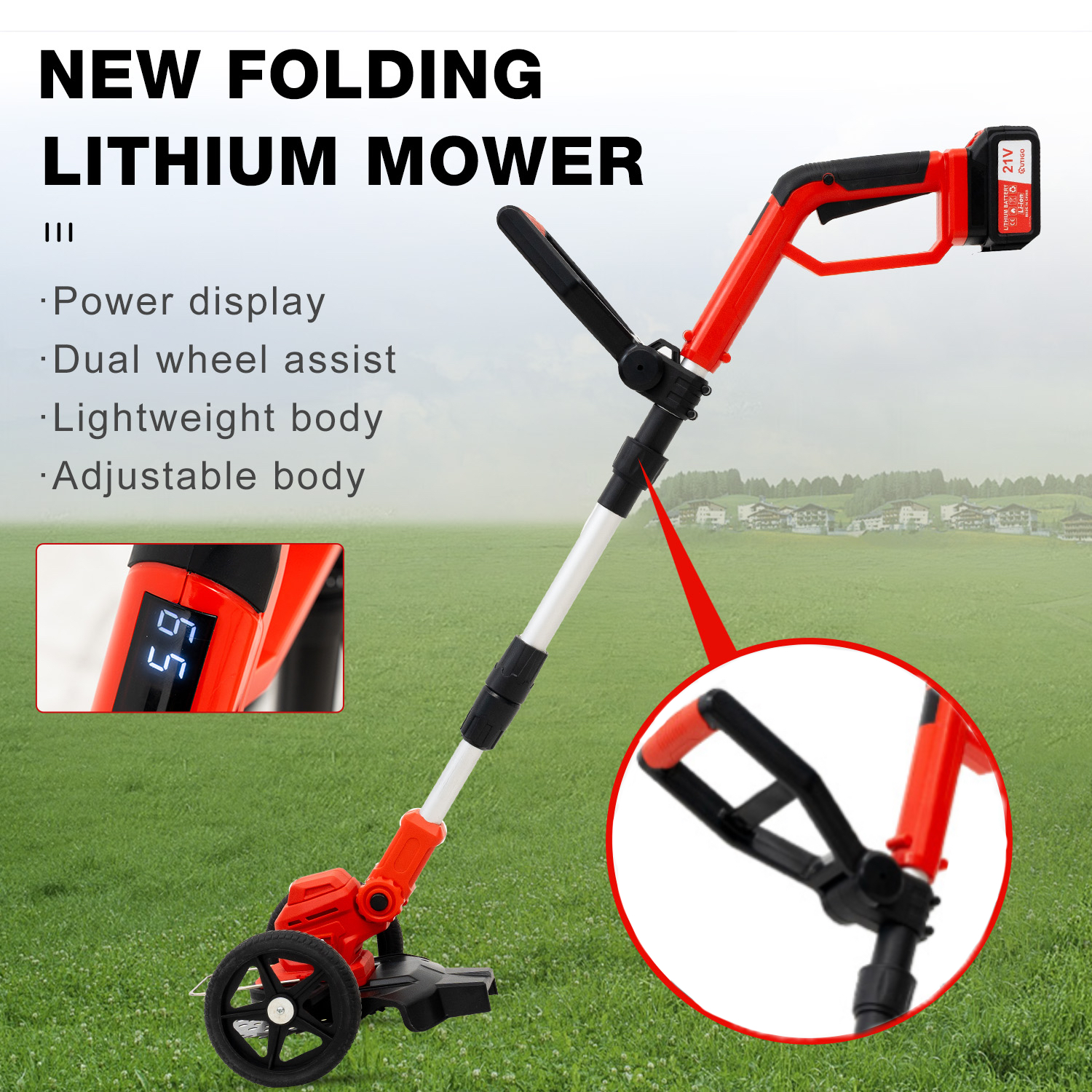 Czerwono-czarna kosiarka akumulatorowa z kołami i wyświetlaczem.