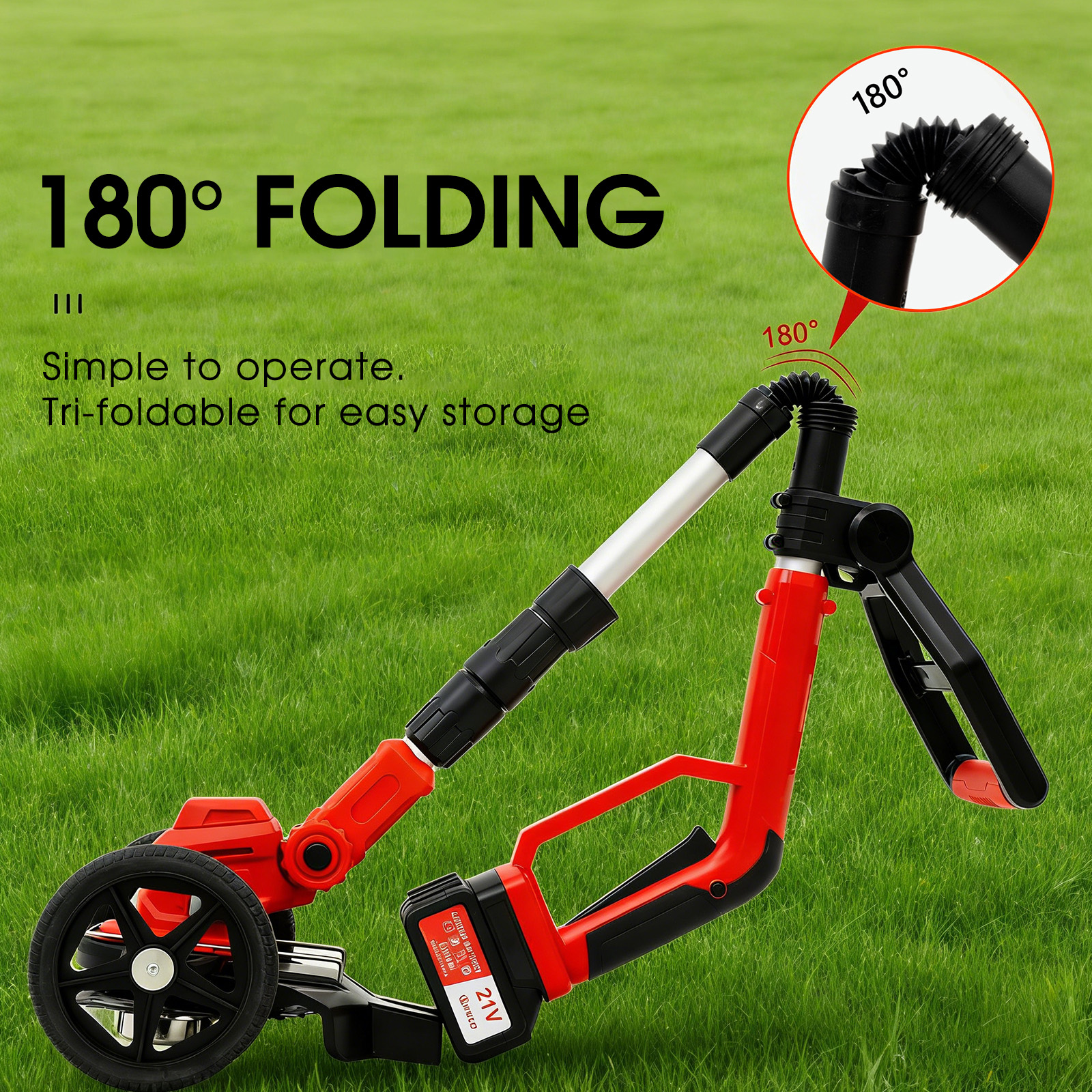 Czerwono-czarny podkaszacz z kołami i baterią 21V na zielonej trawie.