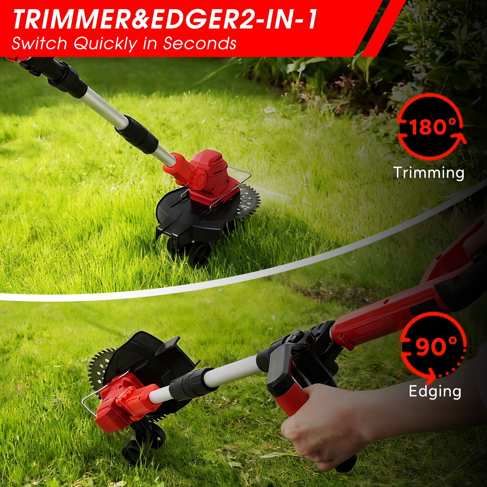 Czerwono-czarne narzędzie do przycinania/przycinania krawędzi używane na zielonej trawie.