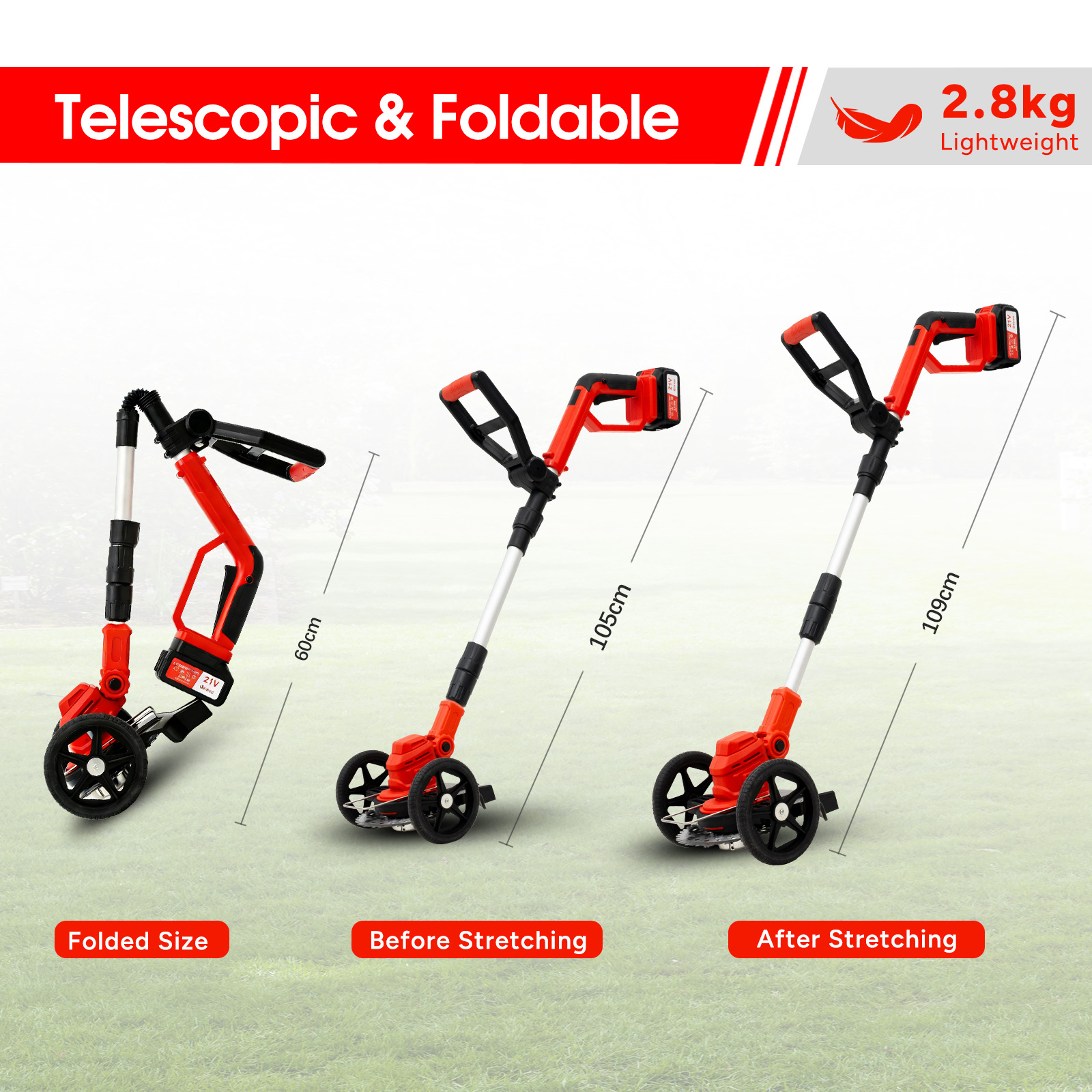 Trzy czerwono-czarne koła miernicze w różnych rozmiarach na trawie.