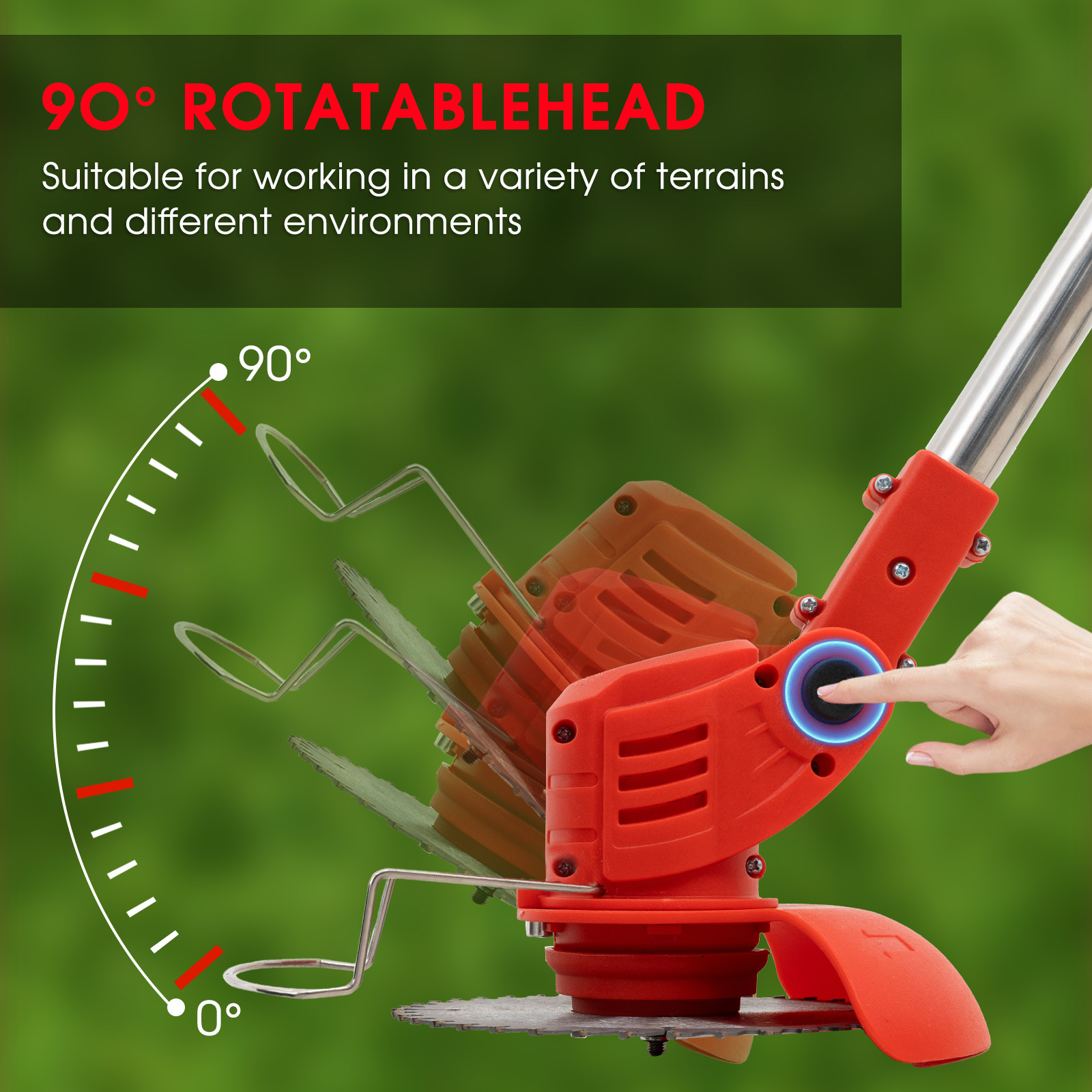 Czerwony podkaszacz z obrotową głowicą i wskaźnikiem stopni.