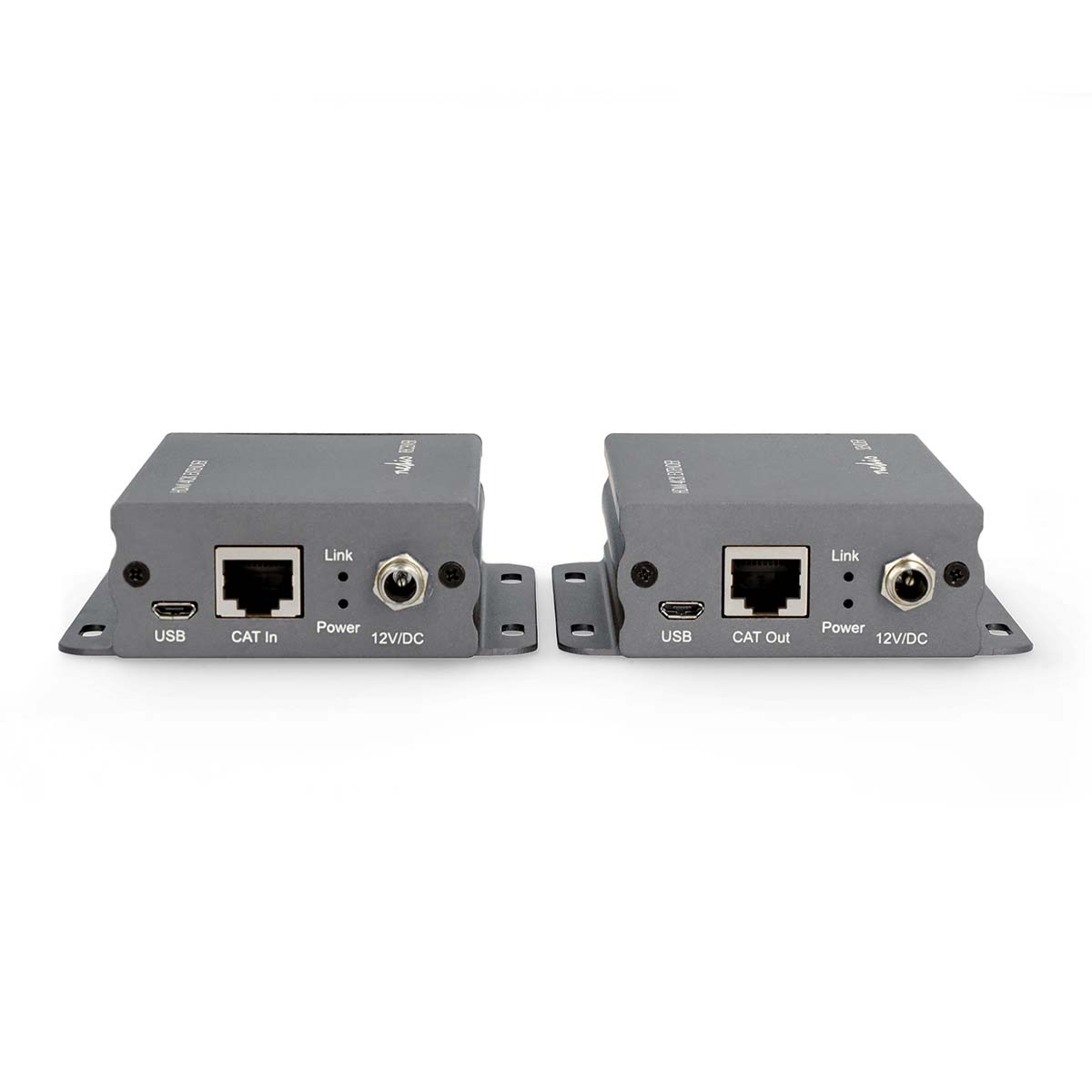 Zwei graue KVM-Extender-Boxen mit Anschlüssen: USB, CAT In/Out, 12V/DC, Link.
