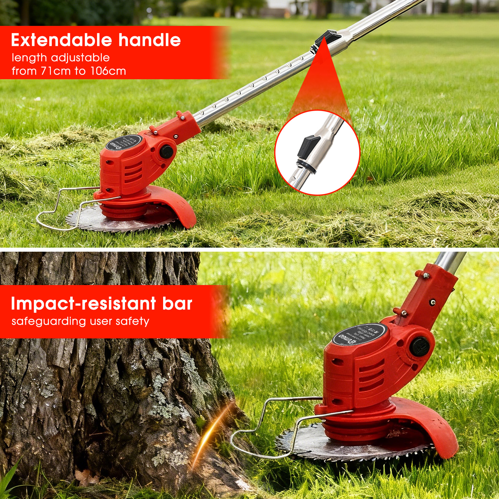 Czerwony podkaszacz z wysuwanym uchwytem na zielonej trawie.