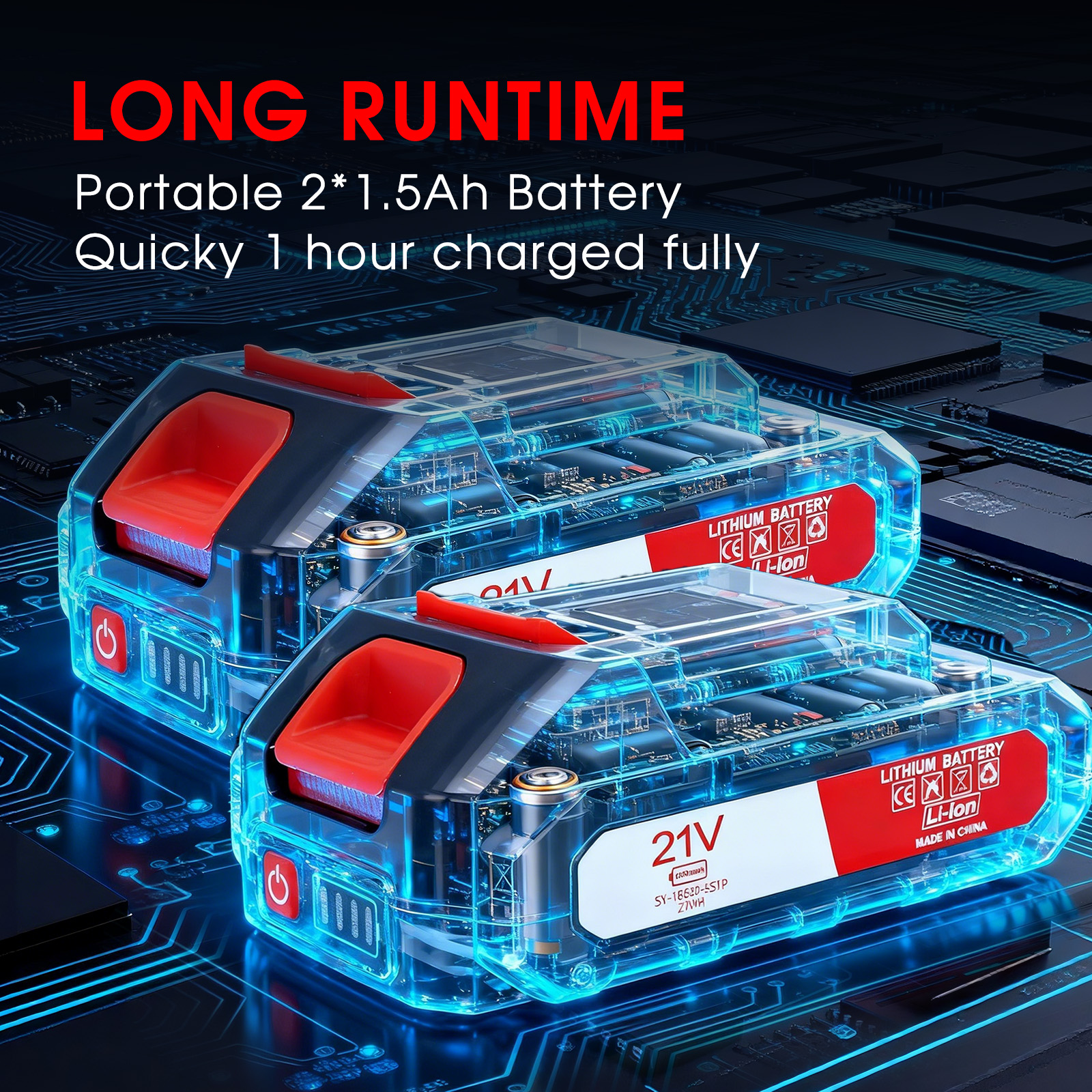 Dwie przezroczyste baterie litowo-jonowe 21V z czerwonymi akcentami na grafice płytki drukowanej.