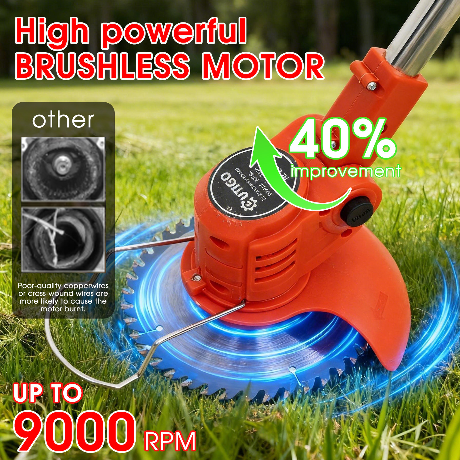 Podkaszarka z mocnym silnikiem bezszczotkowym, 40% poprawy, do 9000 obr./min.