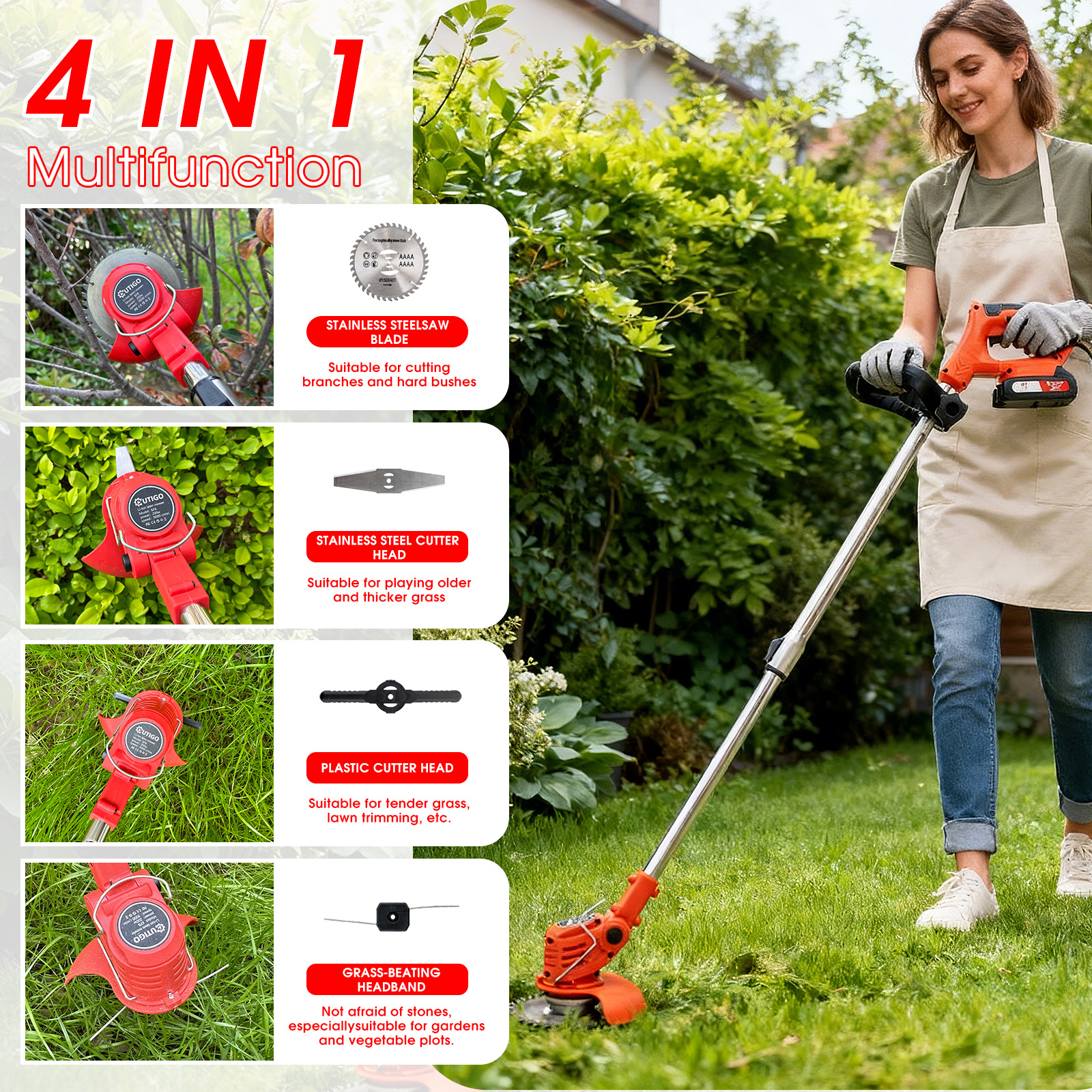 Osoba używa podkaszarki z różnymi nasadkami w ogrodzie.