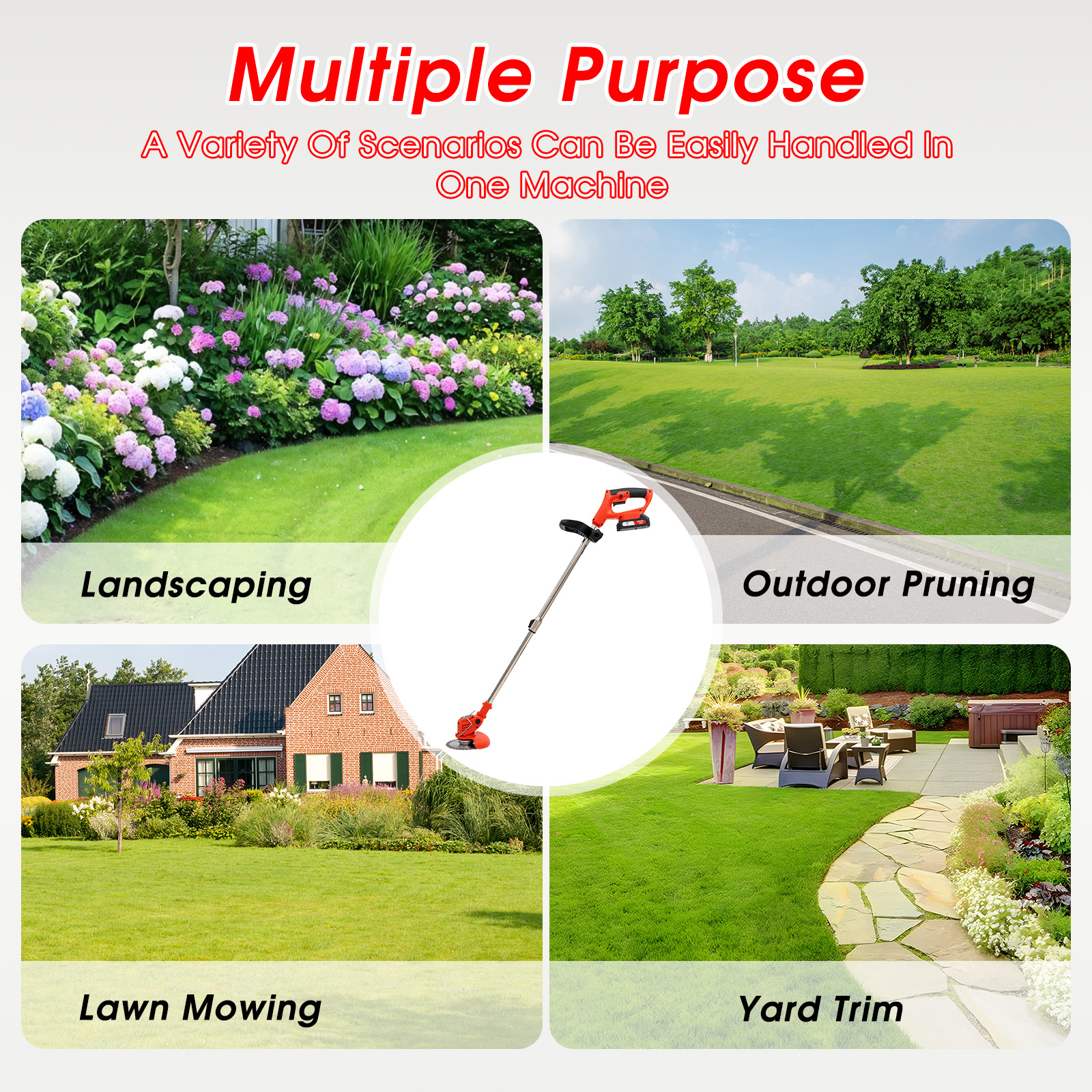 Podkaszarka do kształtowania krajobrazu, koszenia trawników, przycinania i porządkowania ogrodu.