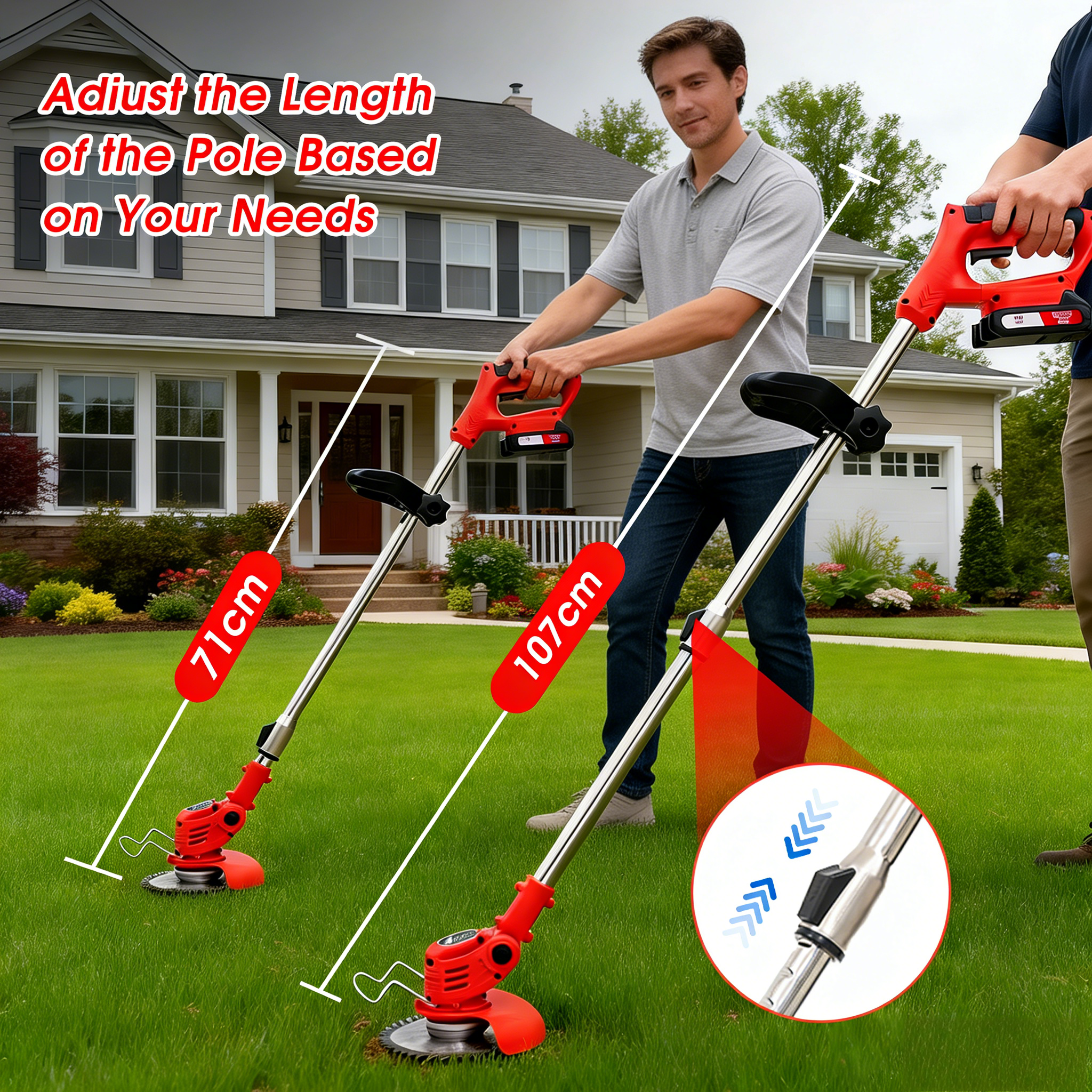 Mężczyźni przycinają trawę regulowanymi podkaszarkami przed domem.