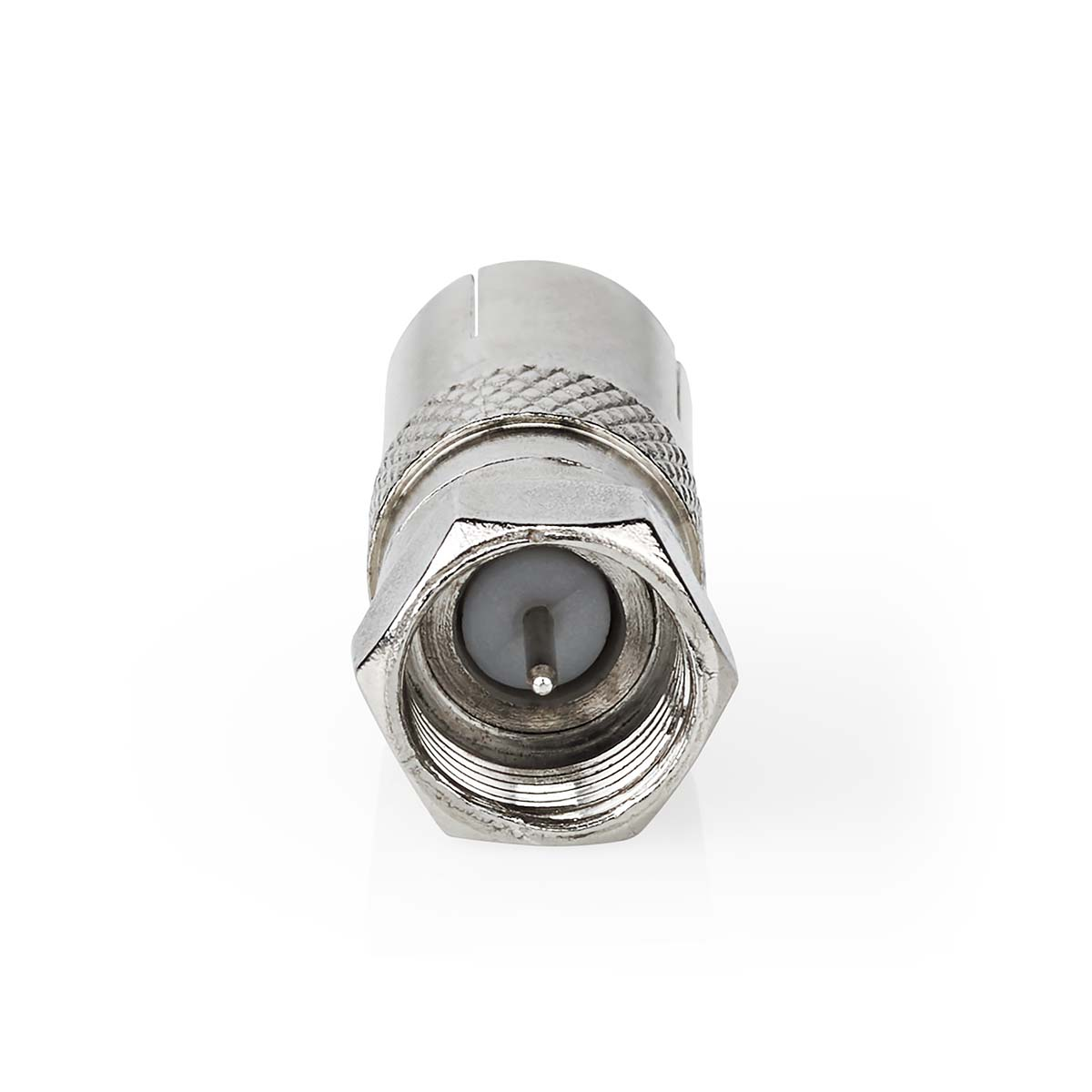 Ein silberner Koaxialstecker mit Schraubgewinde und einem grauen Mittelstift.