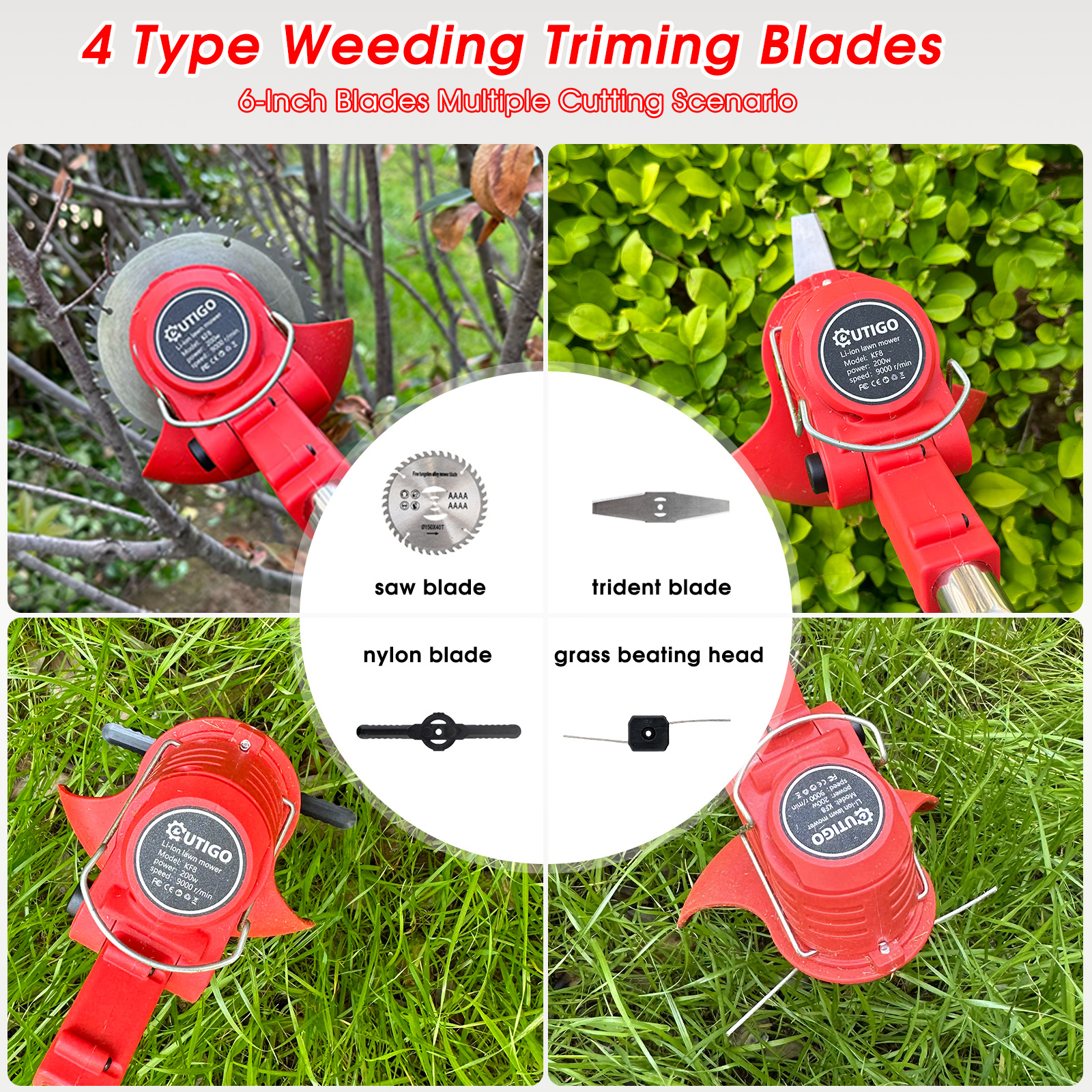 Obraz przedstawia cztery różne głowice tnące do kosiarki.