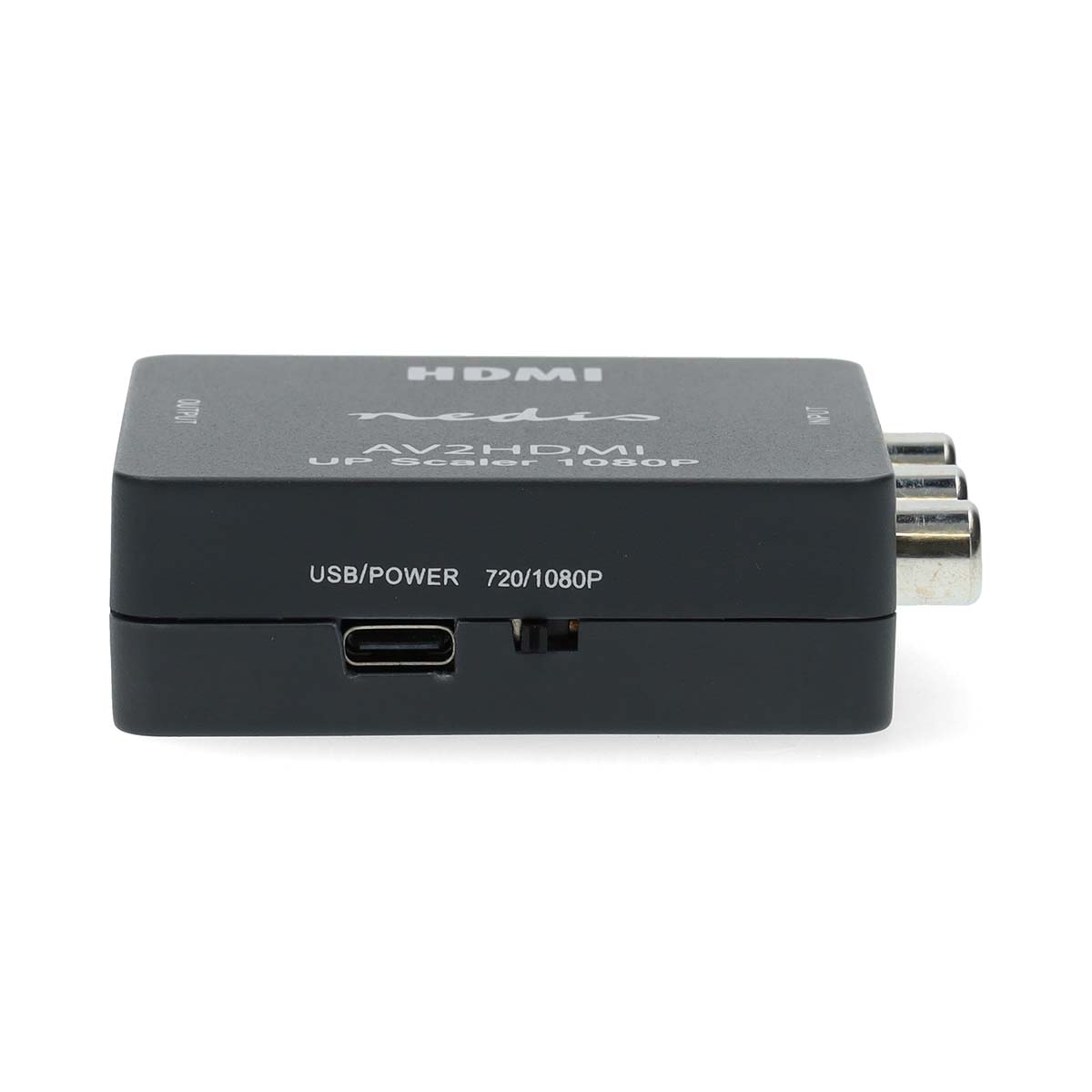 Schwarzer AV zu HDMI Konverter mit USB-C Port und RCA Eingängen.