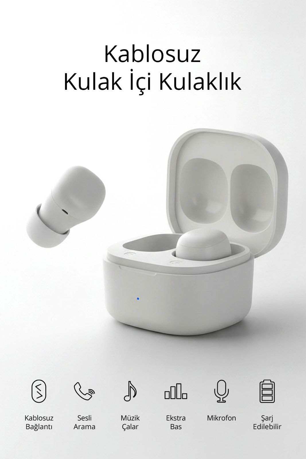 Beyaz kablosuz kulaklıklar, biri açık şarj kutusunun yanında.
