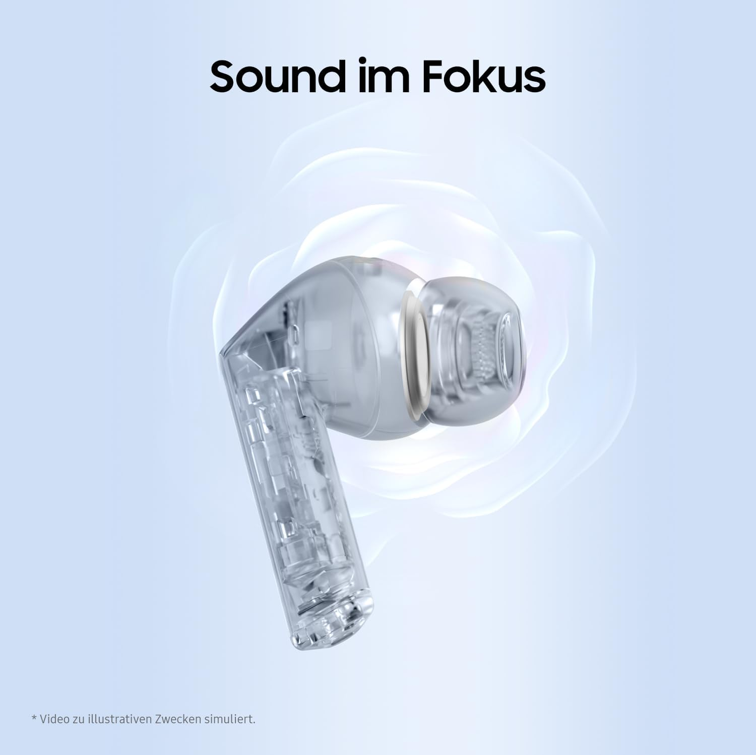 Przezroczyste słuchawki ze srebrnymi akcentami na niebieskim tle.