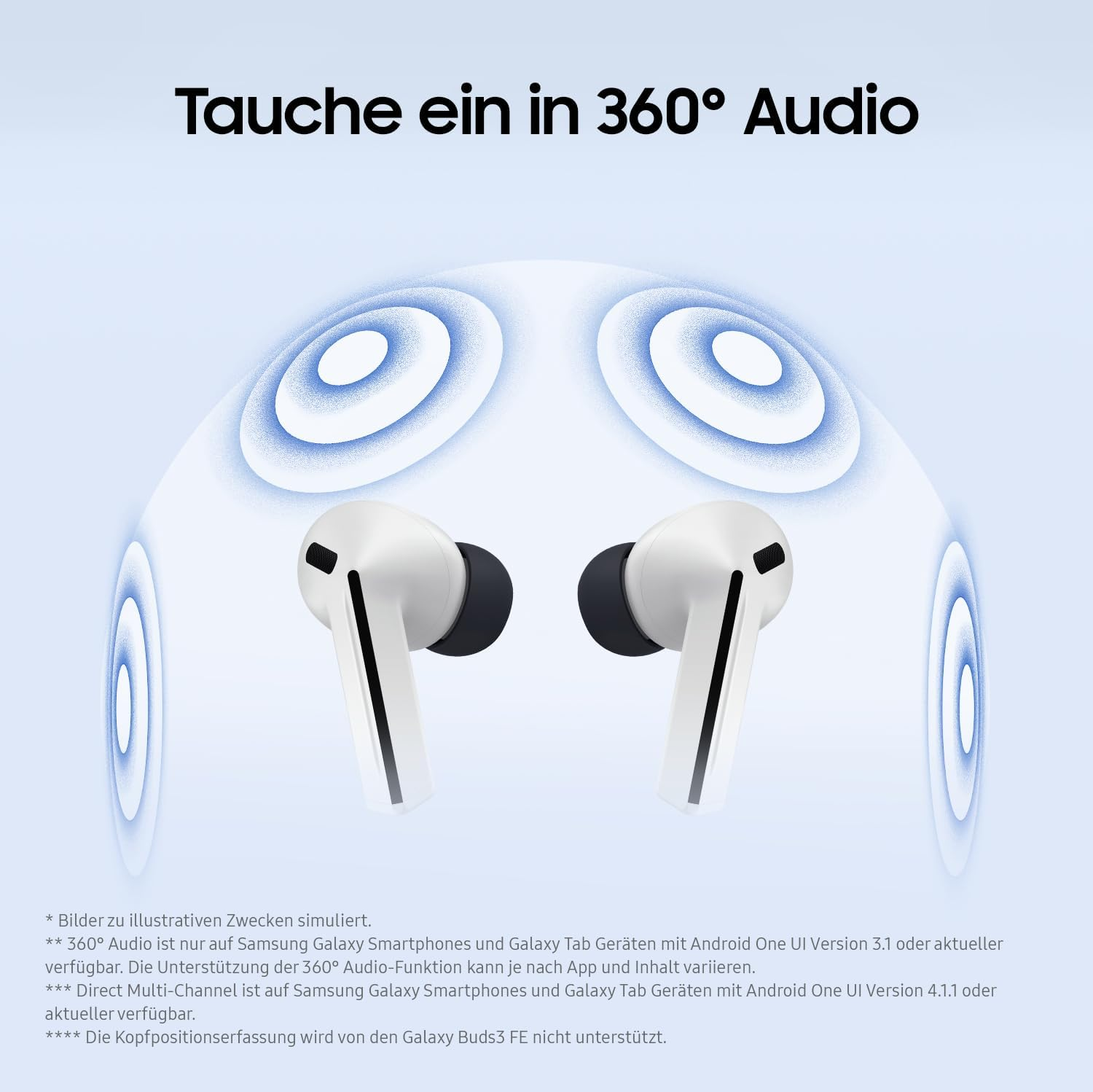 Białe słuchawki z niebieskimi falami dźwiękowymi symulującymi dźwięk 360°.